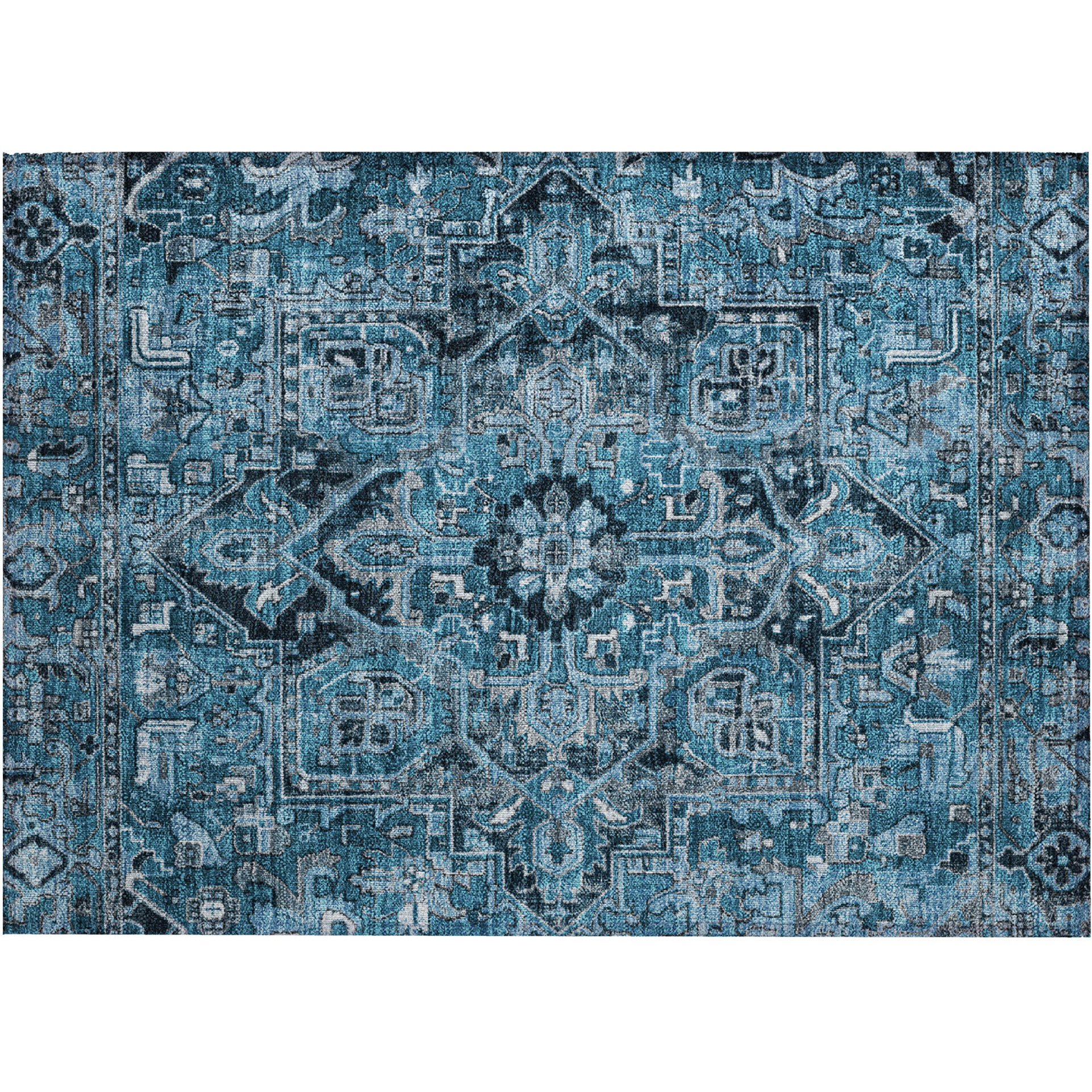 2' X 3' Denim and Gray Oriental Washable Non Skid Indoor Outdoor Area Rug