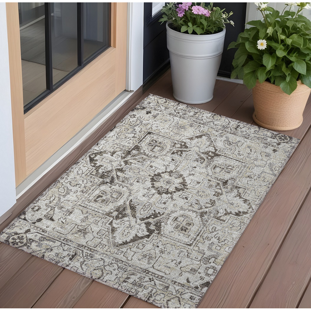 2' X 3' Ivory and Dark Brown Oriental Washable Non Skid Indoor Outdoor Area Rug