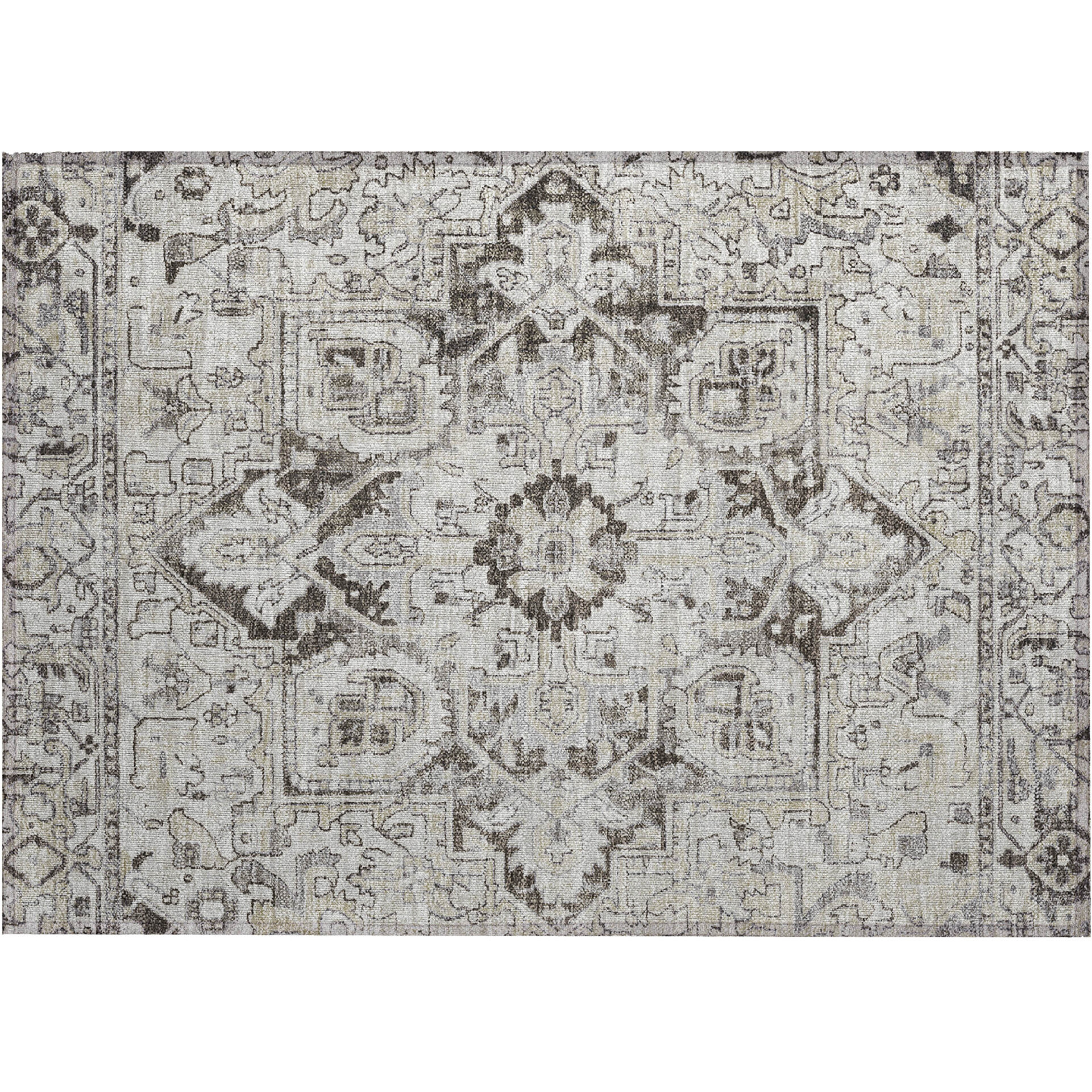2' X 3' Ivory and Dark Brown Oriental Washable Non Skid Indoor Outdoor Area Rug