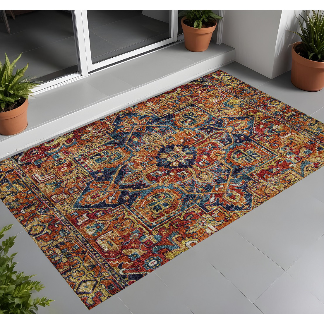 2' X 3' Red Orange and Blue Oriental Washable Non Skid Indoor Outdoor Area Rug