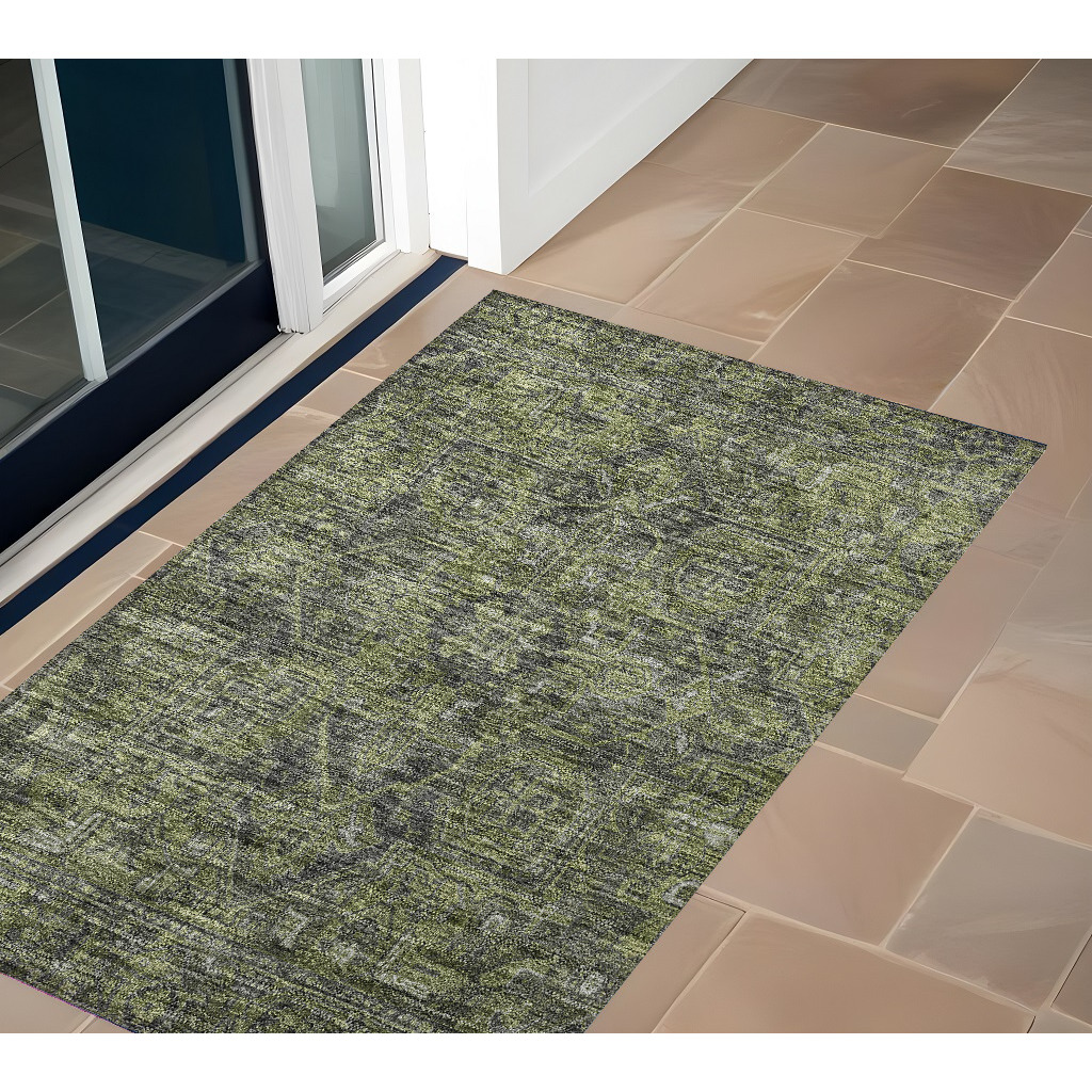2' X 3' Moss Green and Gray Oriental Washable Non Skid Indoor Outdoor Area Rug