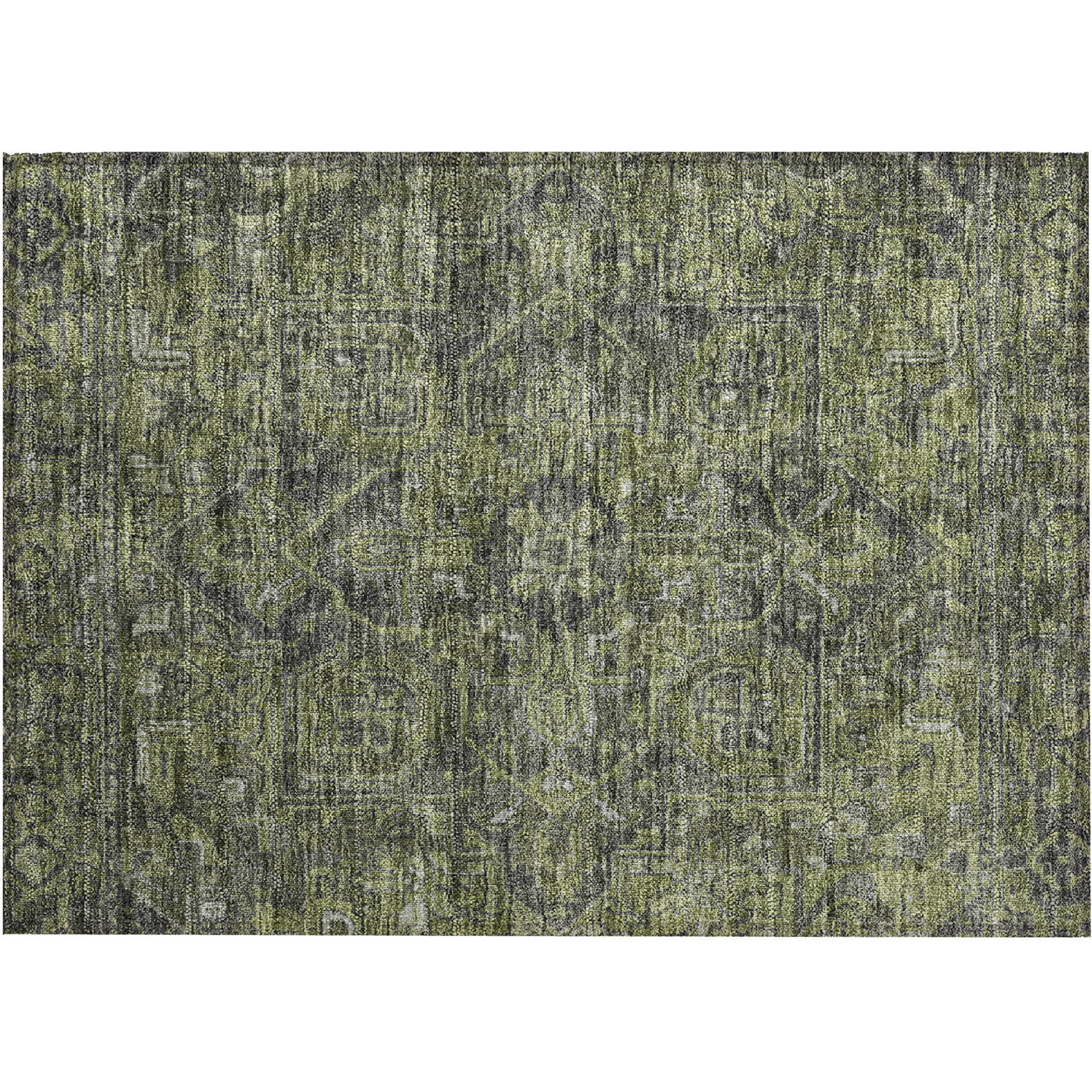2' X 3' Moss Green and Gray Oriental Washable Non Skid Indoor Outdoor Area Rug