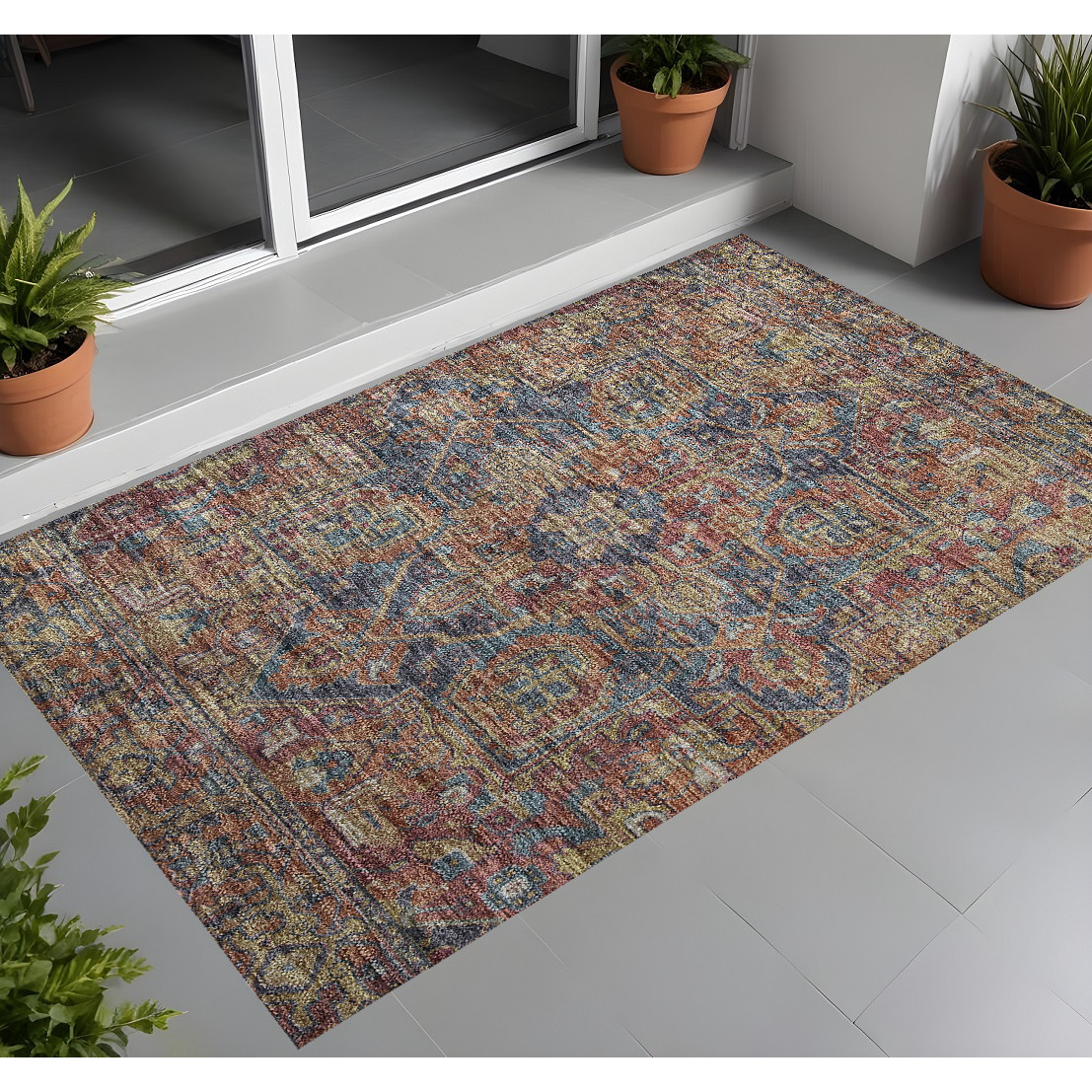 2' X 3' Red Orange and Blue Oriental Washable Non Skid Indoor Outdoor Area Rug
