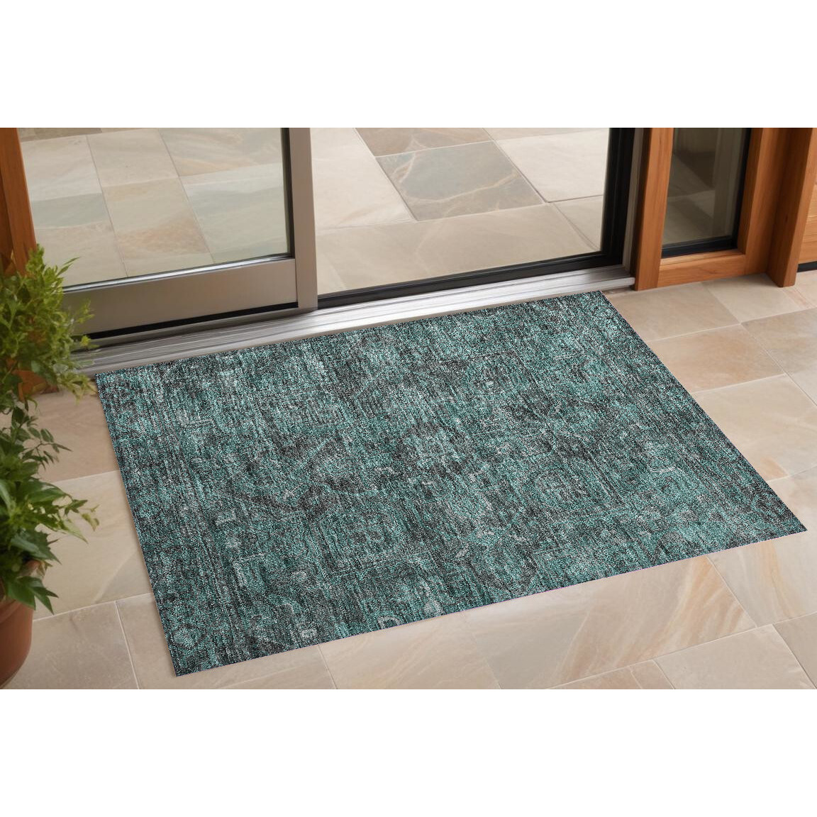 2' X 3' Turquoise Oriental Washable Non Skid Indoor Outdoor Area Rug