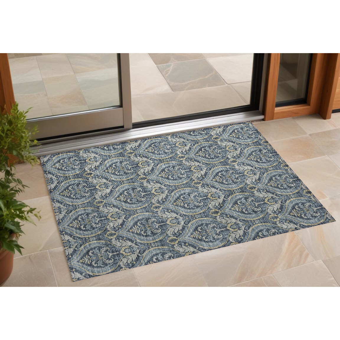 2' X 3' Blue and Cream Damask Washable Non Skid Indoor Outdoor Area Rug