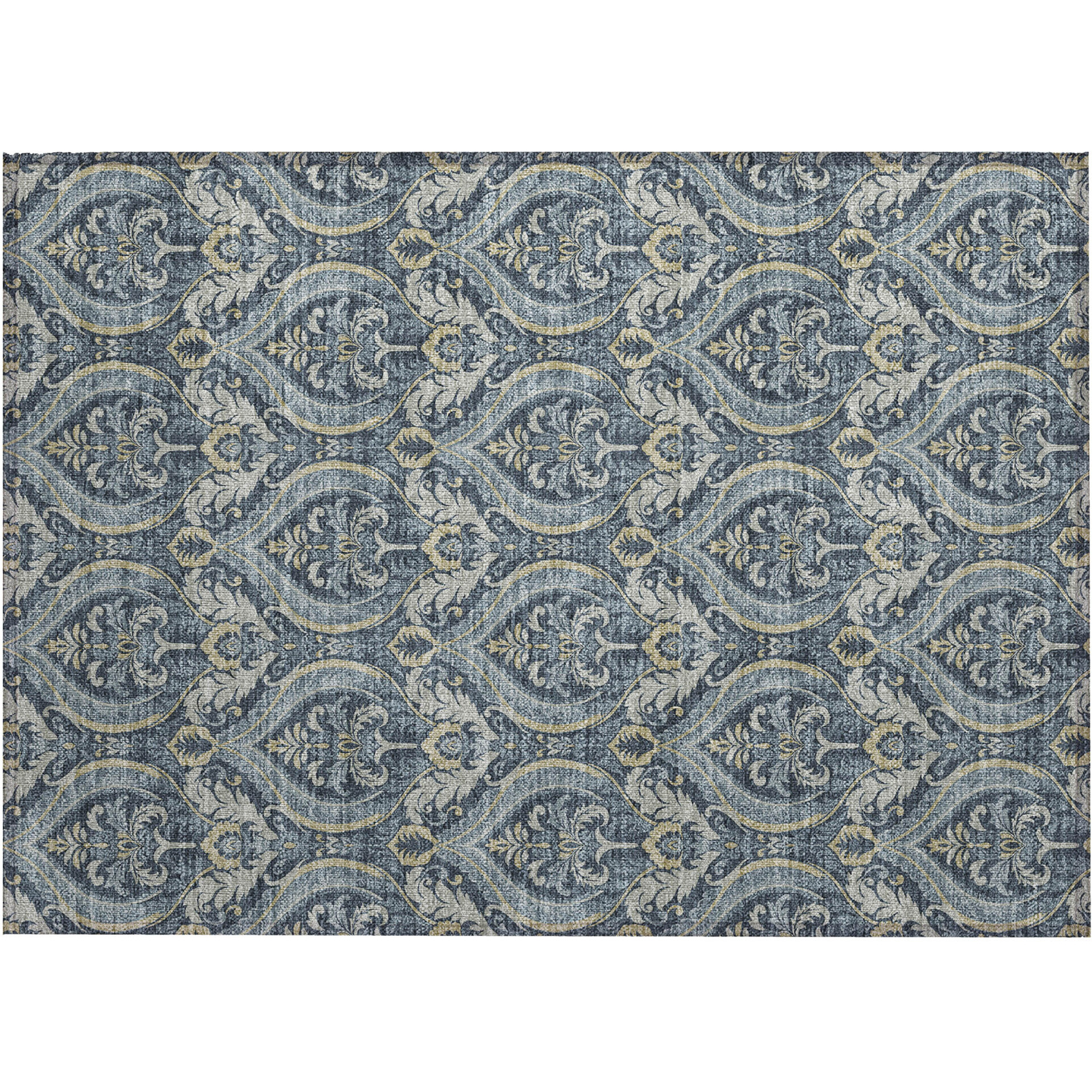 2' X 3' Blue and Cream Damask Washable Non Skid Indoor Outdoor Area Rug