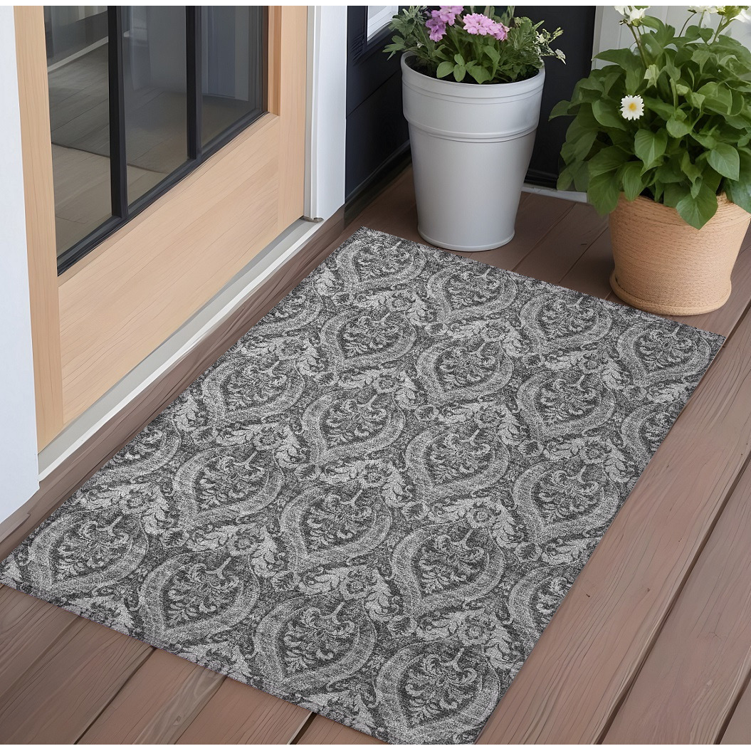 2' X 3' Gray Damask Washable Non Skid Indoor Outdoor Area Rug