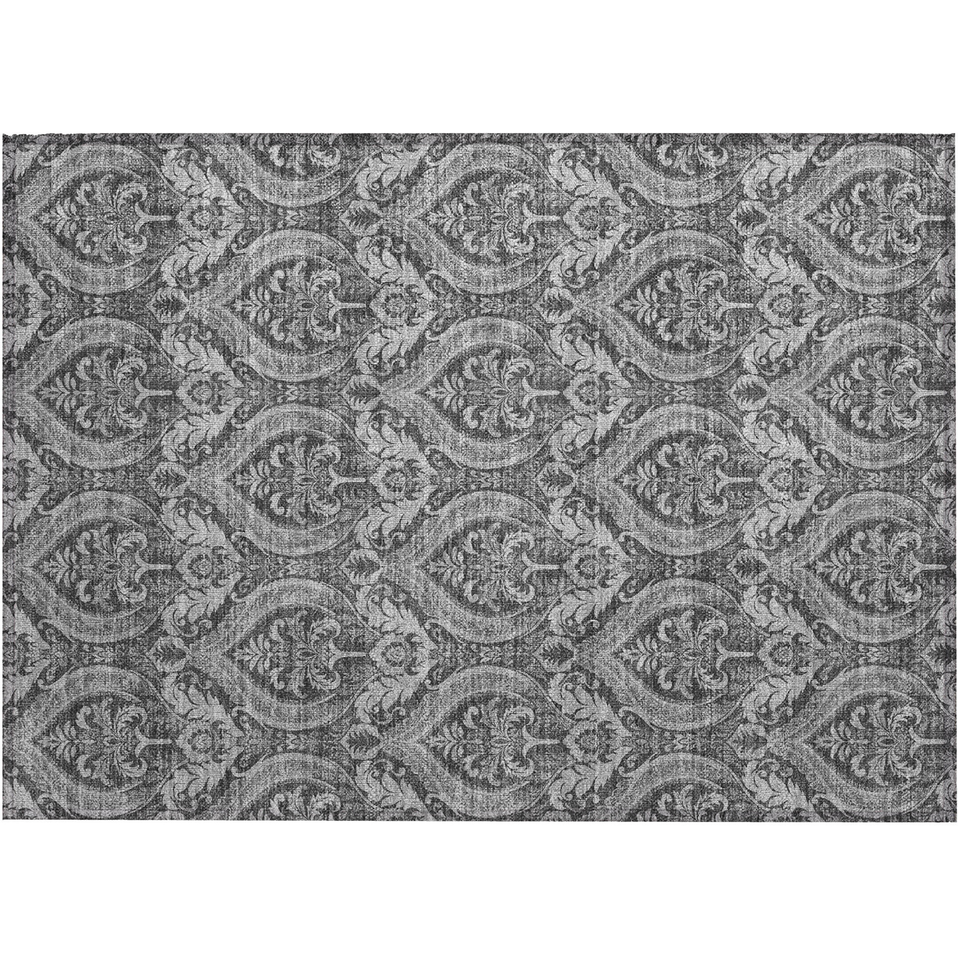 2' X 3' Gray Damask Washable Non Skid Indoor Outdoor Area Rug