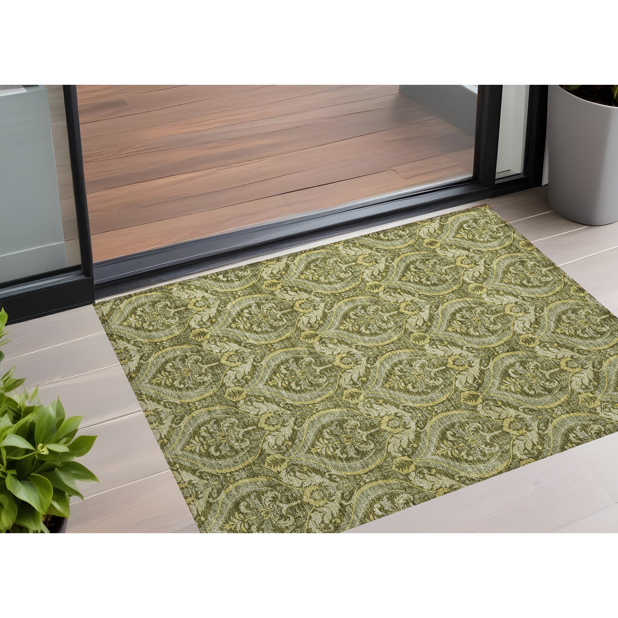 2' X 3' Green Damask Washable Non Skid Indoor Outdoor Area Rug