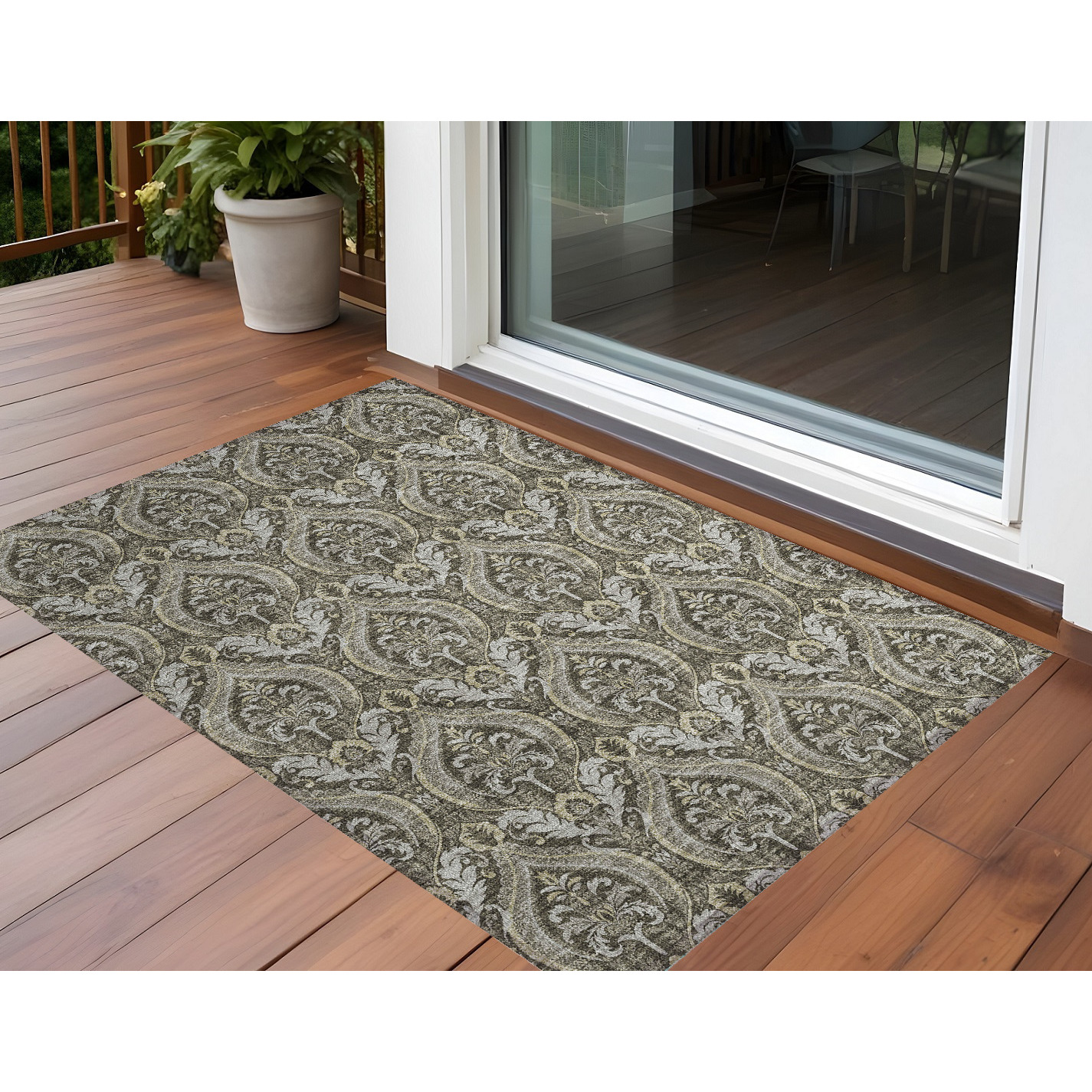 2' X 3' Taupe and Beige Damask Washable Non Skid Indoor Outdoor Area Rug