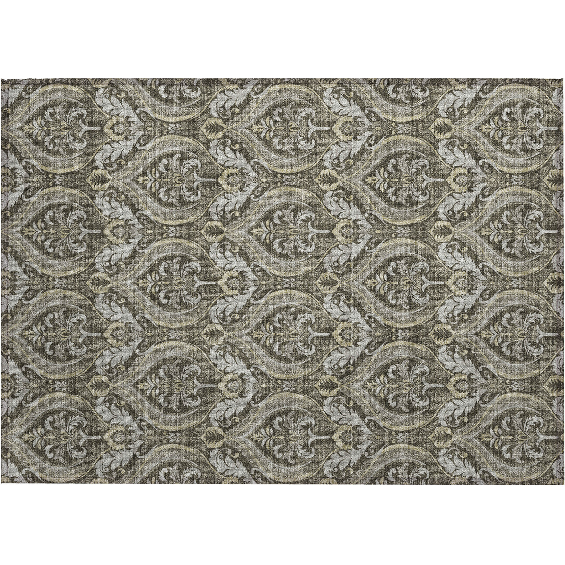 2' X 3' Taupe and Beige Damask Washable Non Skid Indoor Outdoor Area Rug