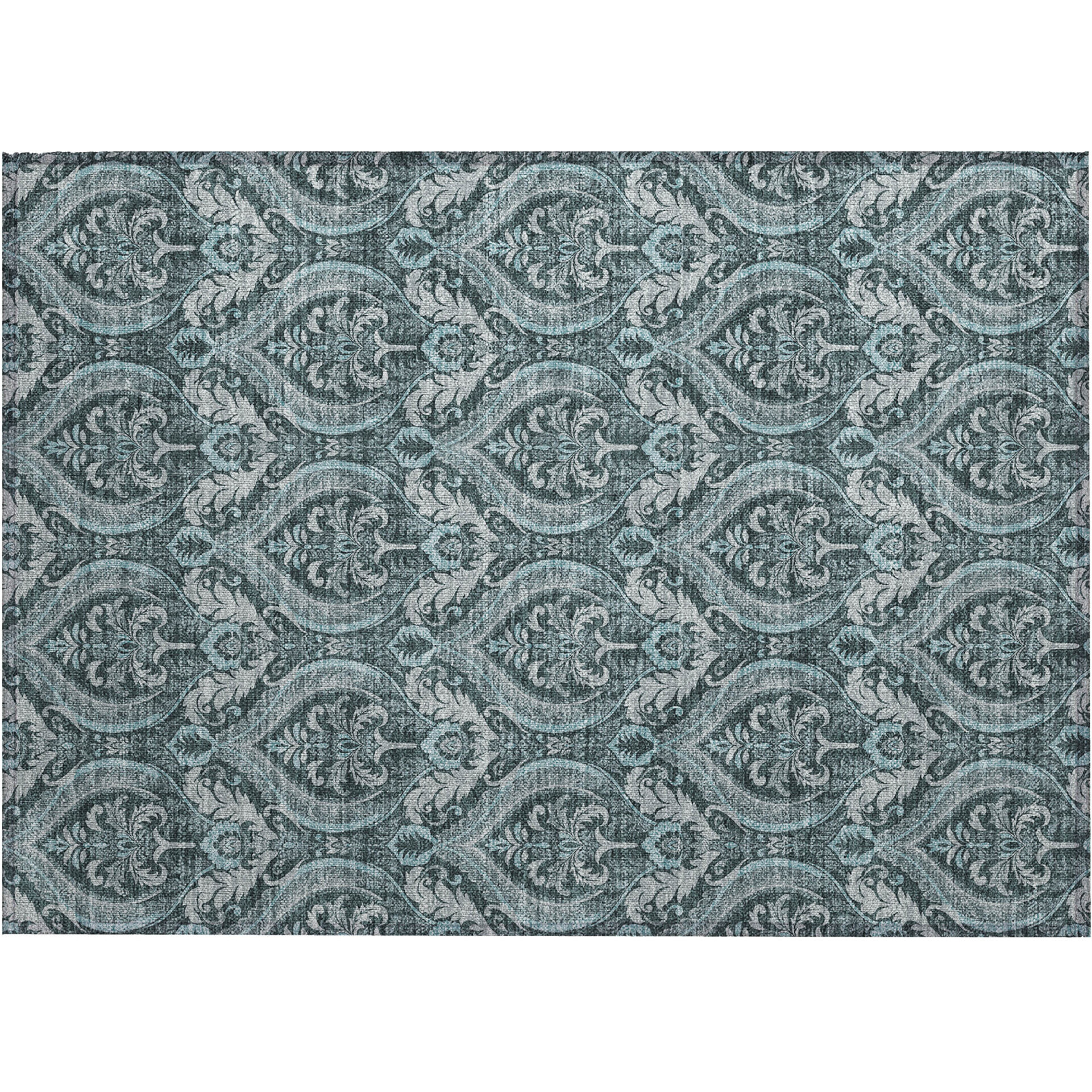 2' X 3' Teal Damask Washable Non Skid Indoor Outdoor Area Rug