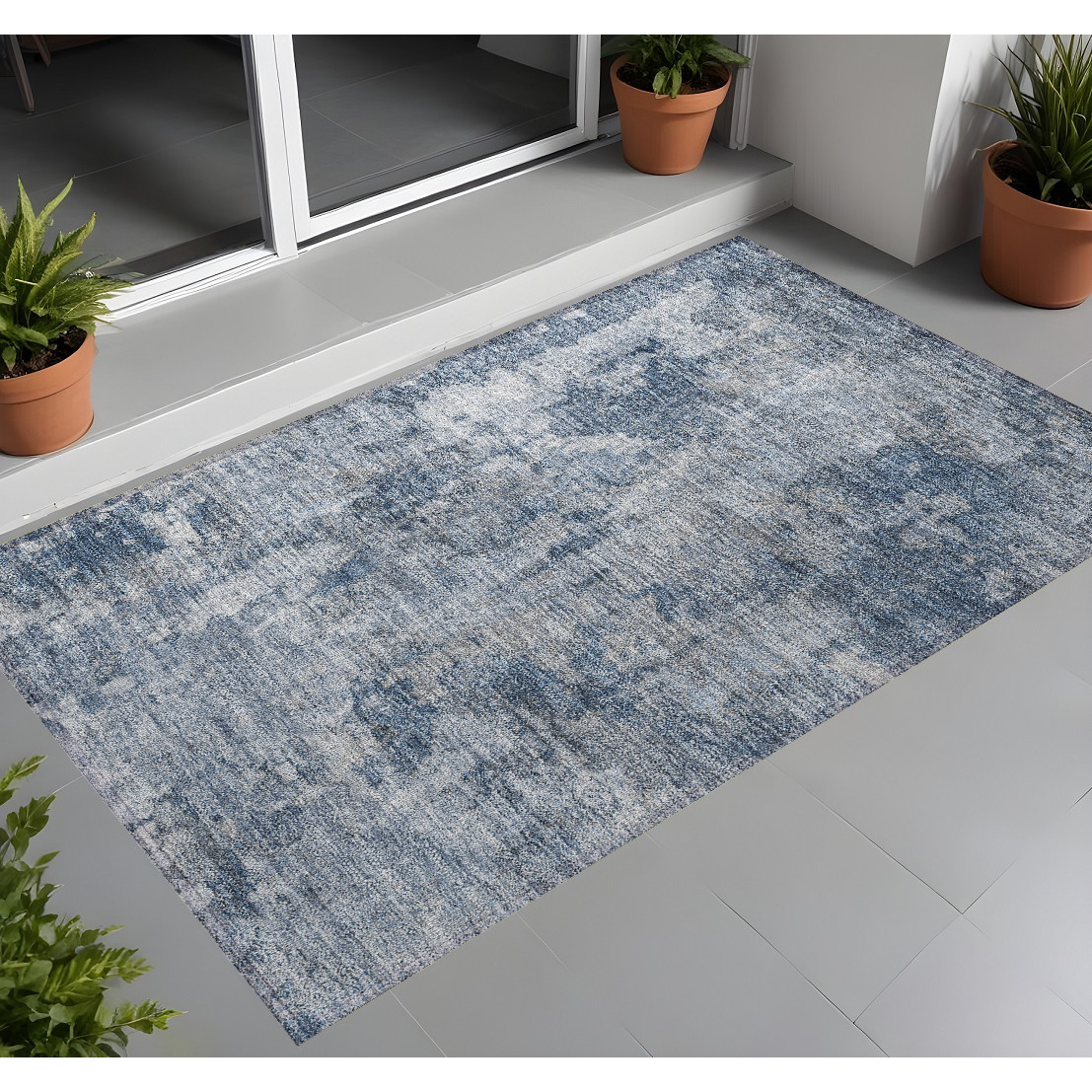 2' X 3' Blue Abstract Washable Non Skid Indoor Outdoor Area Rug