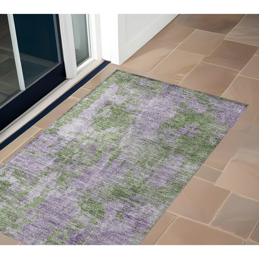 2' X 3' Green and Purple Abstract Washable Non Skid Indoor Outdoor Area Rug