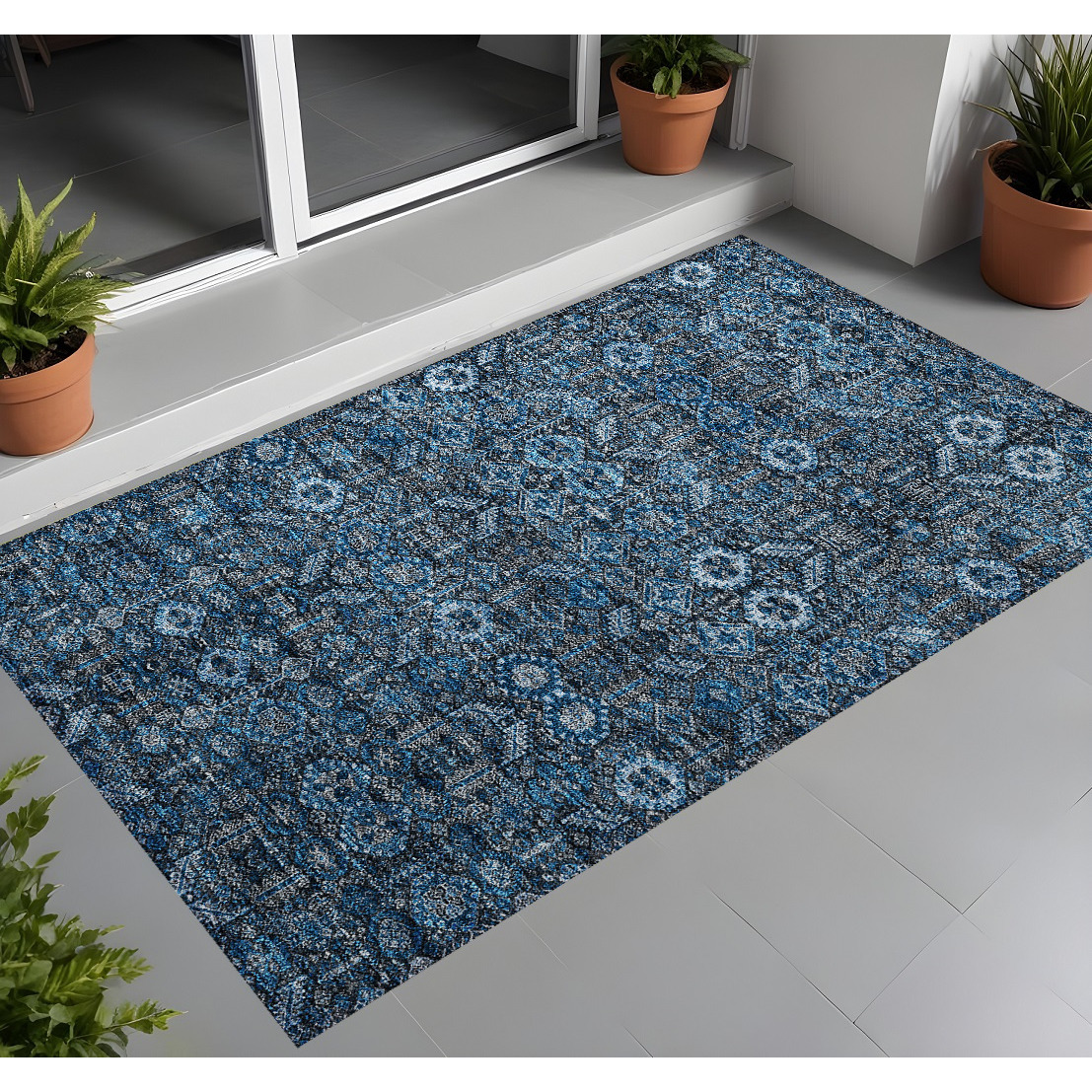 2' X 3' Blue and Black Floral Washable Non Skid Indoor Outdoor Area Rug