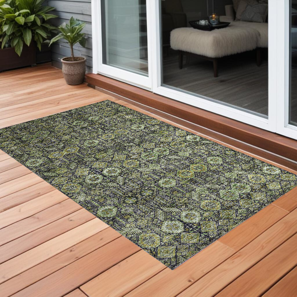 2' X 3' Blue and Green Floral Washable Non Skid Indoor Outdoor Area Rug