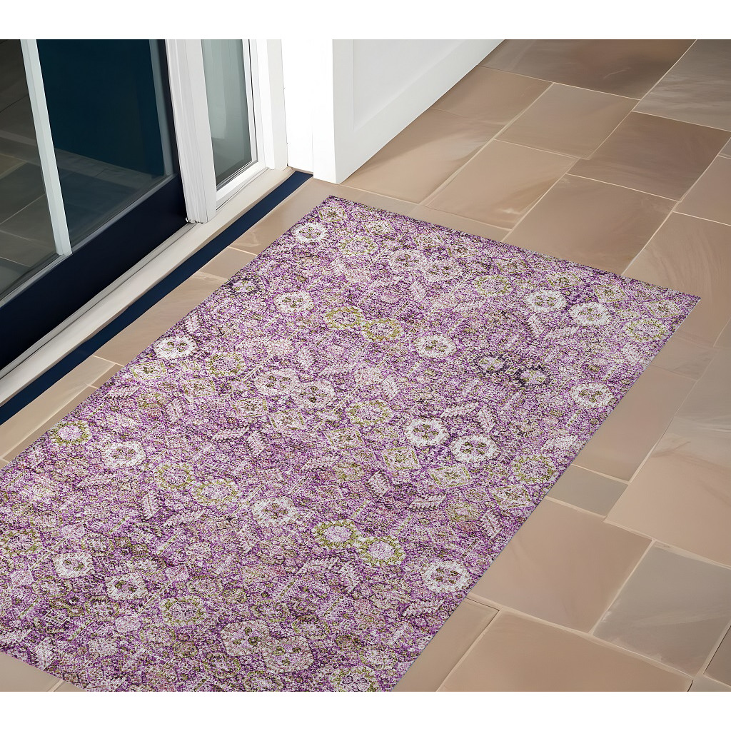 2' X 3' Lavender and Ivory Floral Washable Non Skid Indoor Outdoor Area Rug