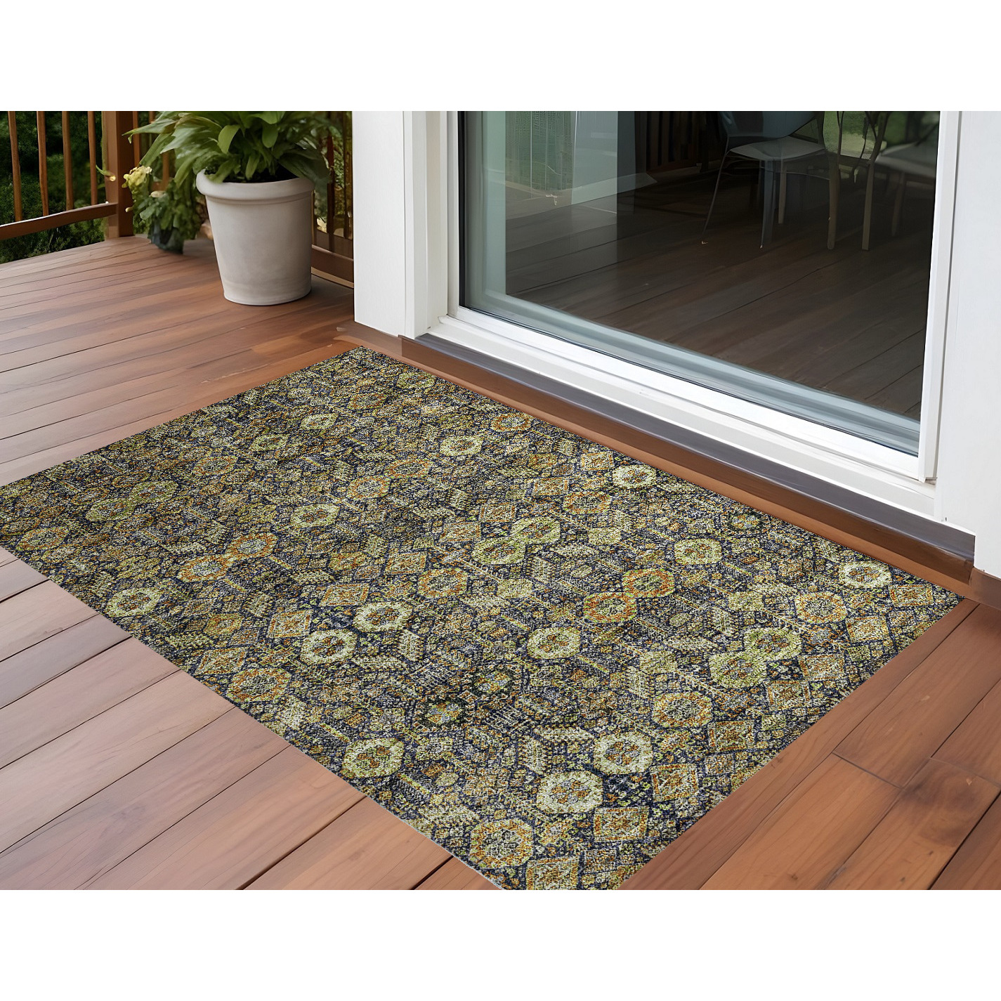 2' X 3' Blue and Orange Floral Washable Non Skid Indoor Outdoor Area Rug