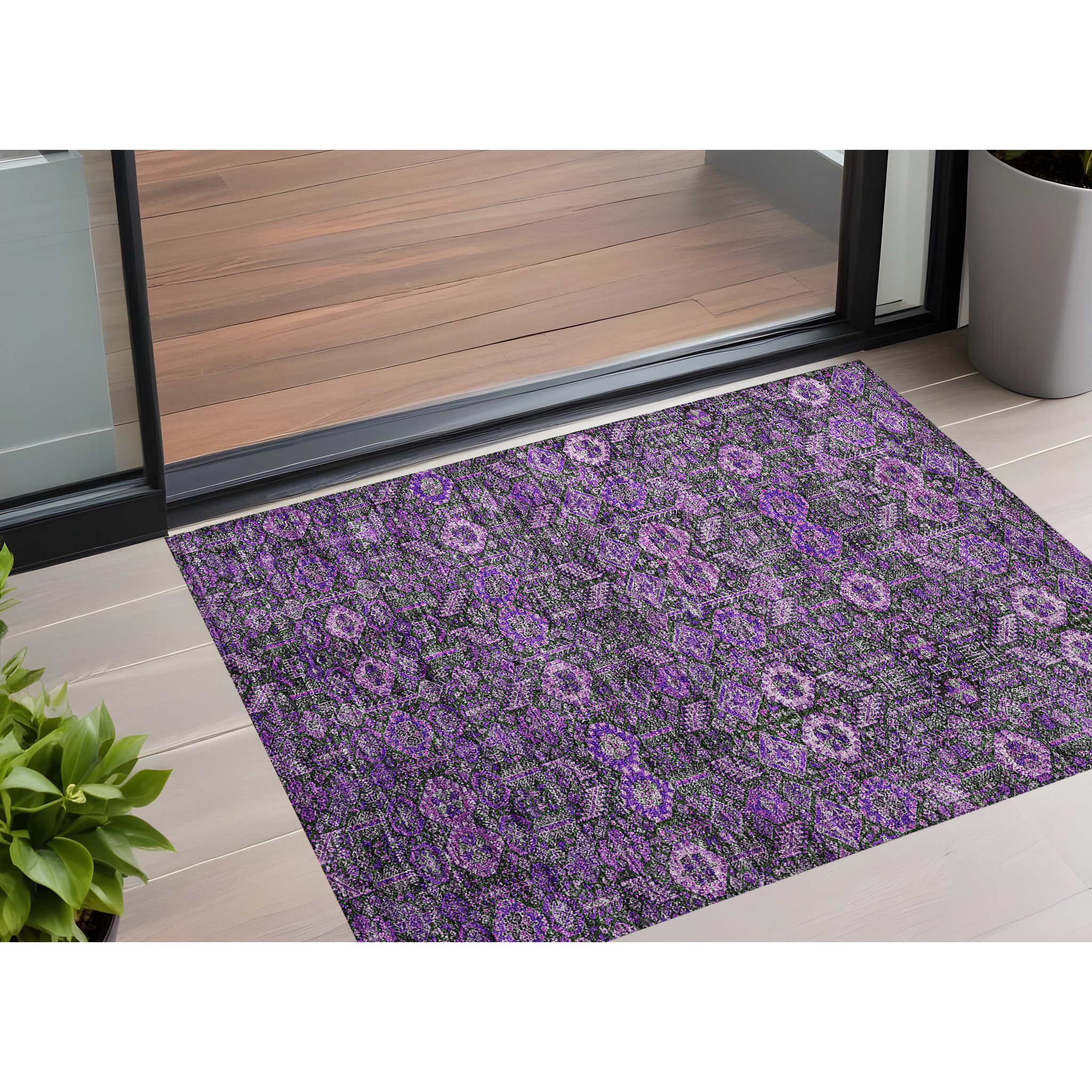 2' X 3' Purple and Green Floral Washable Non Skid Indoor Outdoor Area Rug