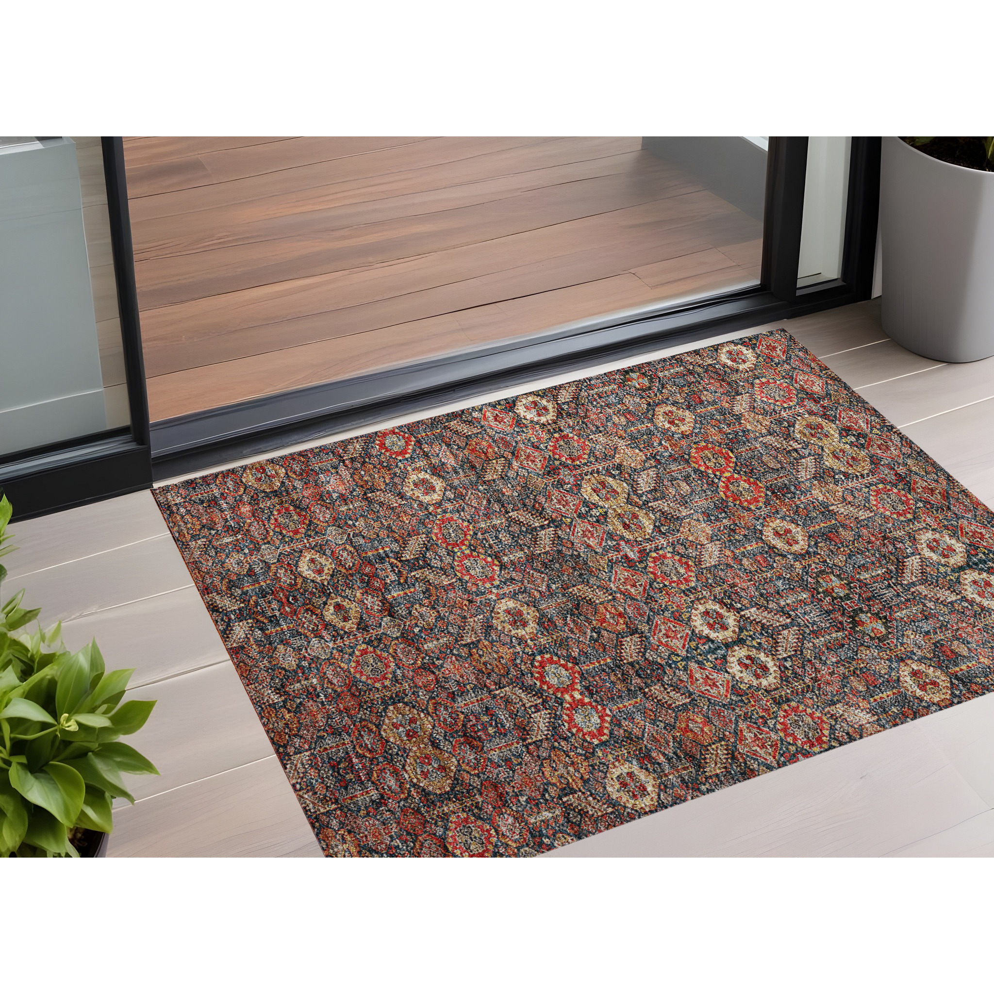 2' X 3' Red and Dark Blue Floral Washable Non Skid Indoor Outdoor Area Rug