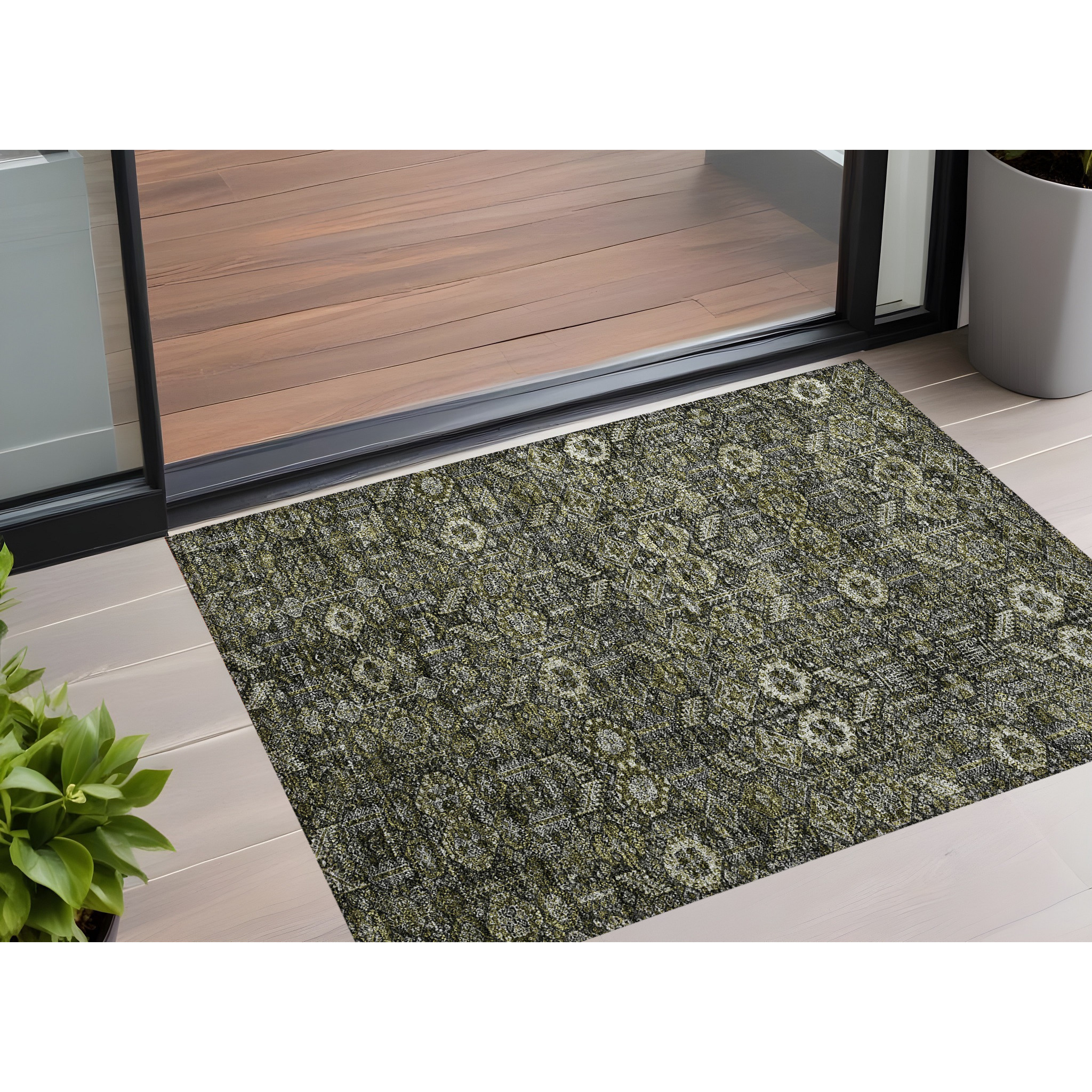 2' X 3' Moss Green and Gray Floral Washable Non Skid Indoor Outdoor Area Rug