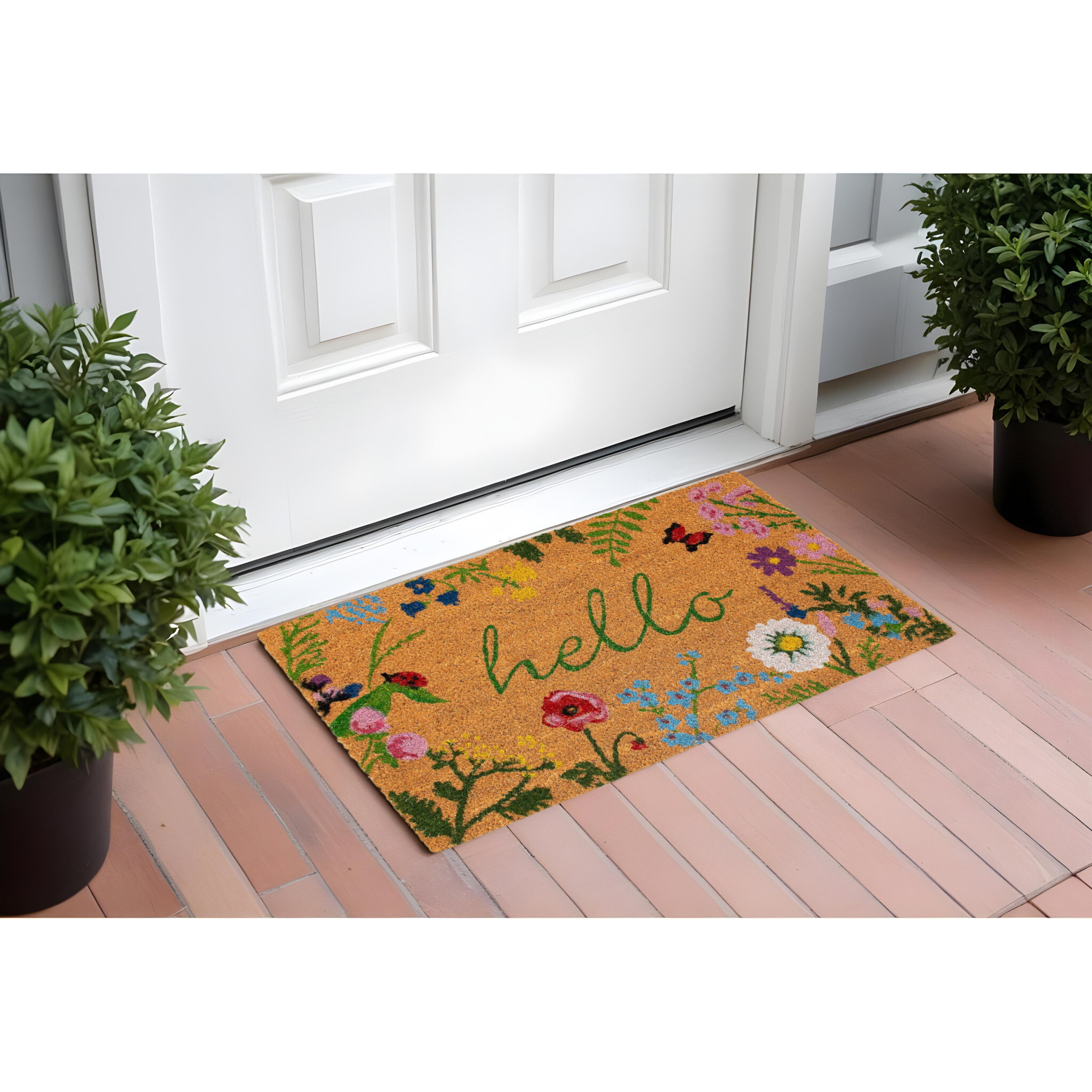 24" X 36" Natural and Green Coir Floral Hello Outdoor Door Mat