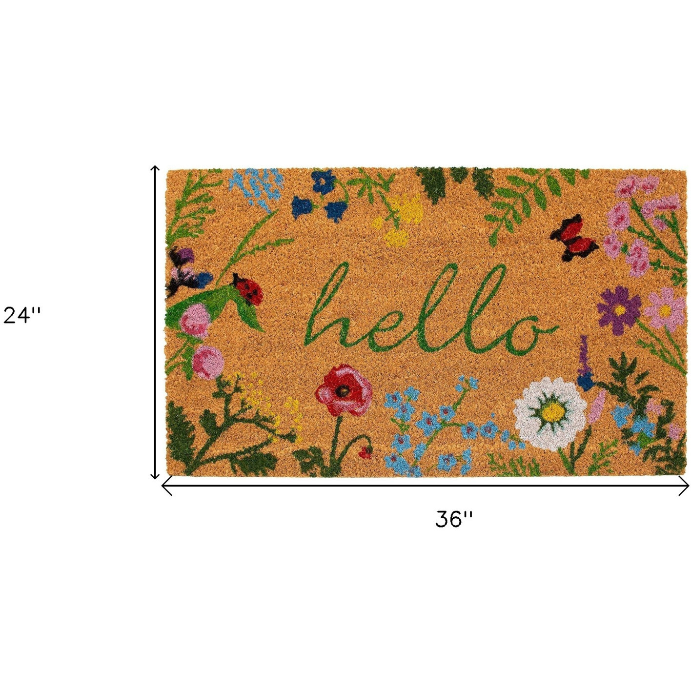 24" X 36" Natural and Green Coir Floral Hello Outdoor Door Mat