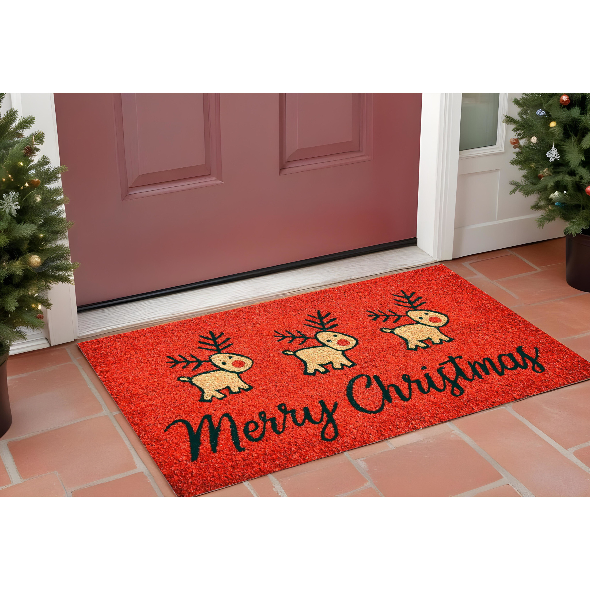 24" X 36" Red and Black Coir Reindeer Merry Christmas Outdoor Christmas Door Mat