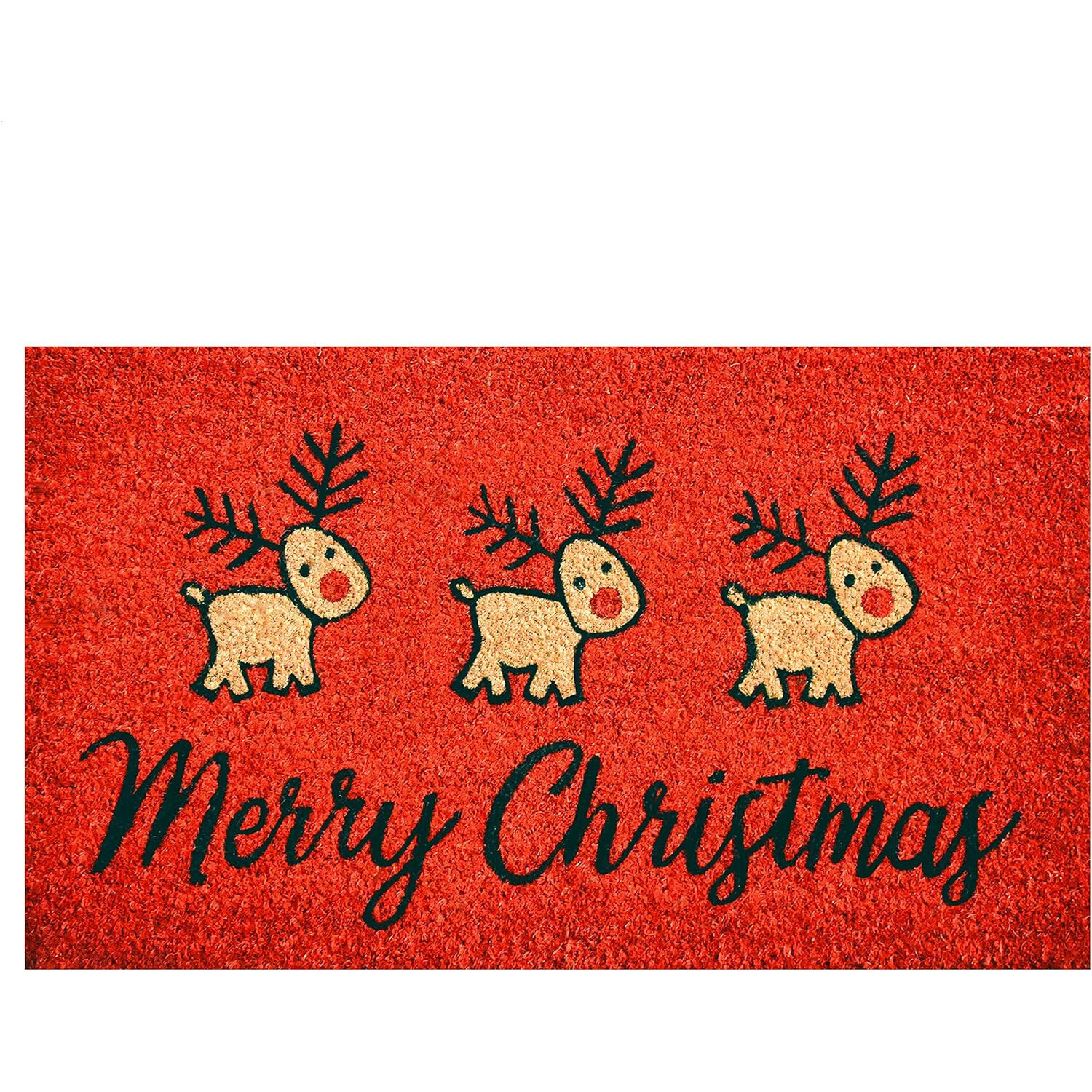 24" X 36" Red and Black Coir Reindeer Merry Christmas Outdoor Christmas Door Mat