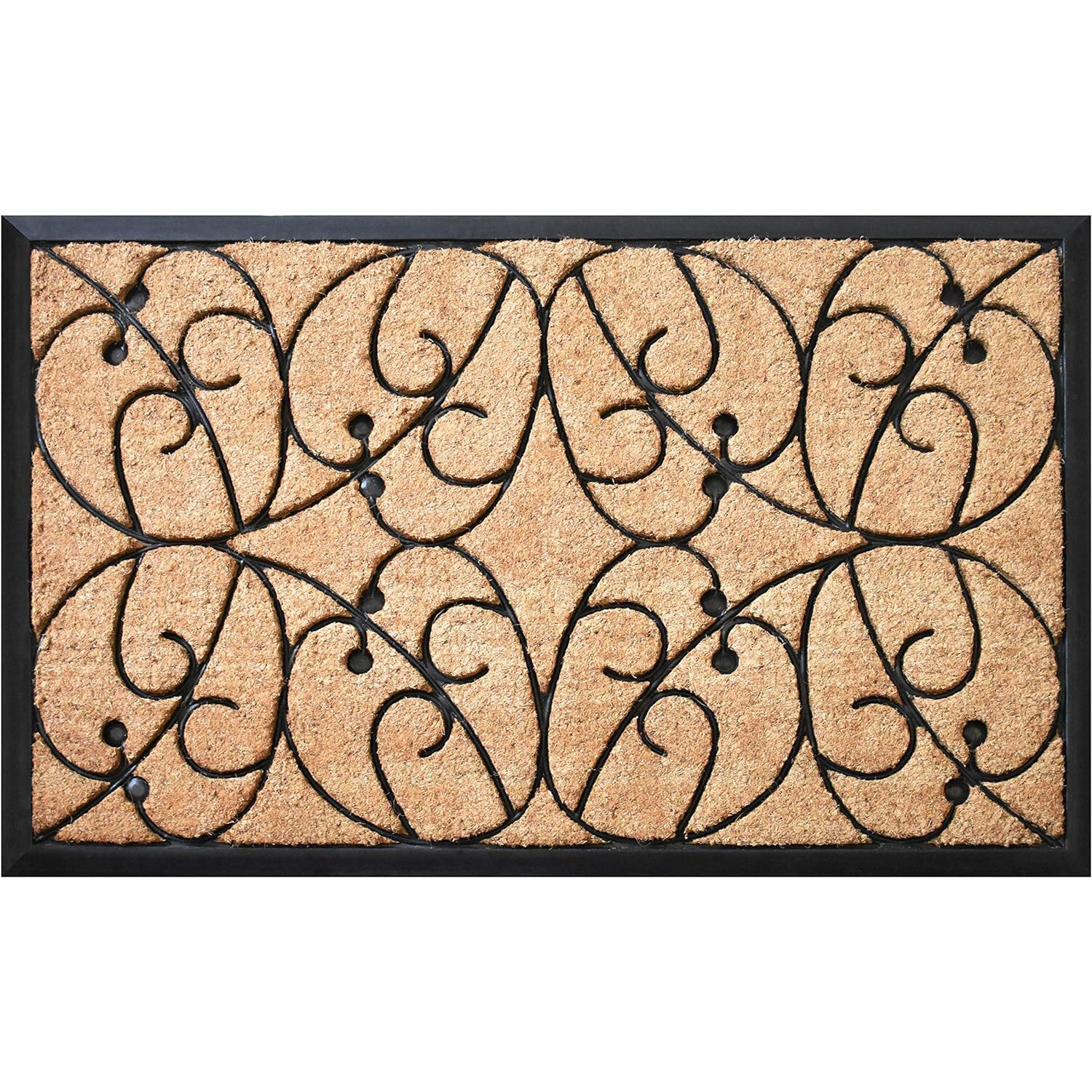 24" X 36" Natural and Black Coir Botanical Leaves Outdoor Door Mat