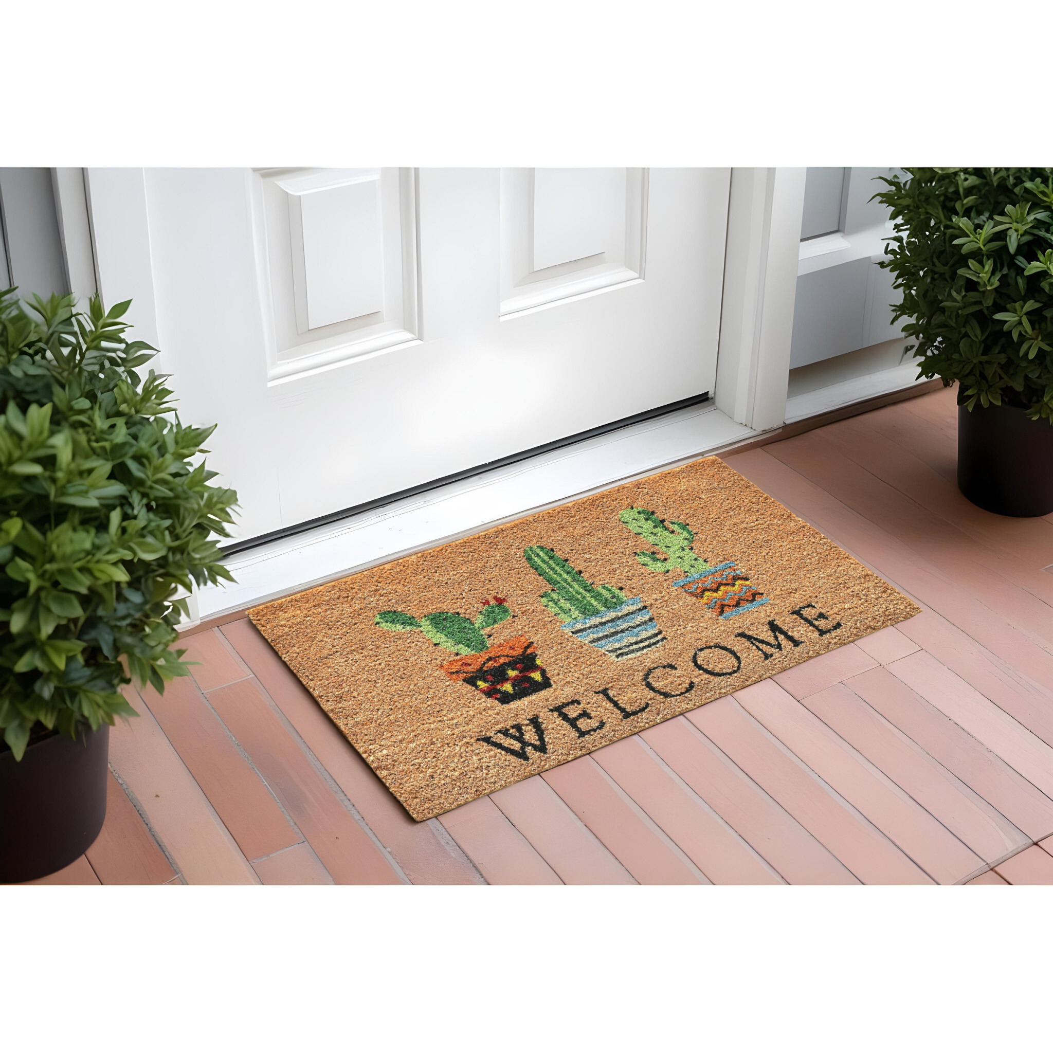 24&quot X 36&quot Natural Green and Black Coir Cactus Welcome Outdoor Door Mat