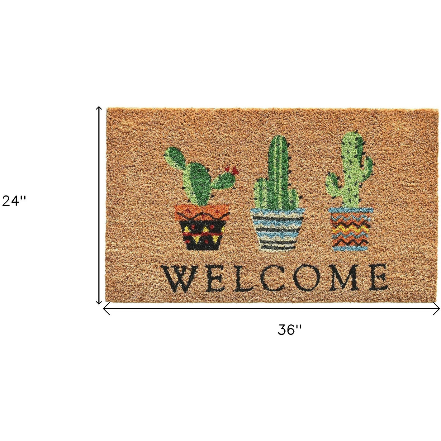 24&quot X 36&quot Natural Green and Black Coir Cactus Welcome Outdoor Door Mat
