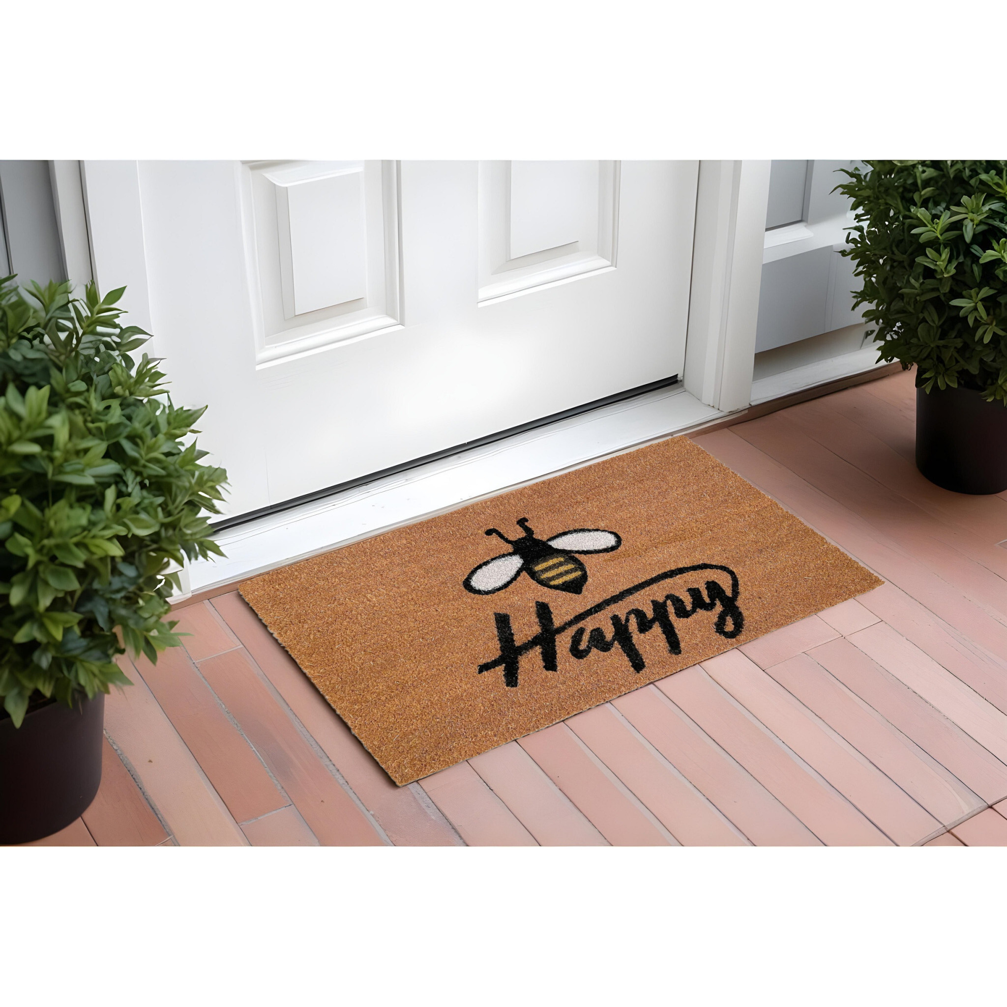 24" X 36" Natural and Black Coir Bumblee Bee Happy Outdoor Door Mat