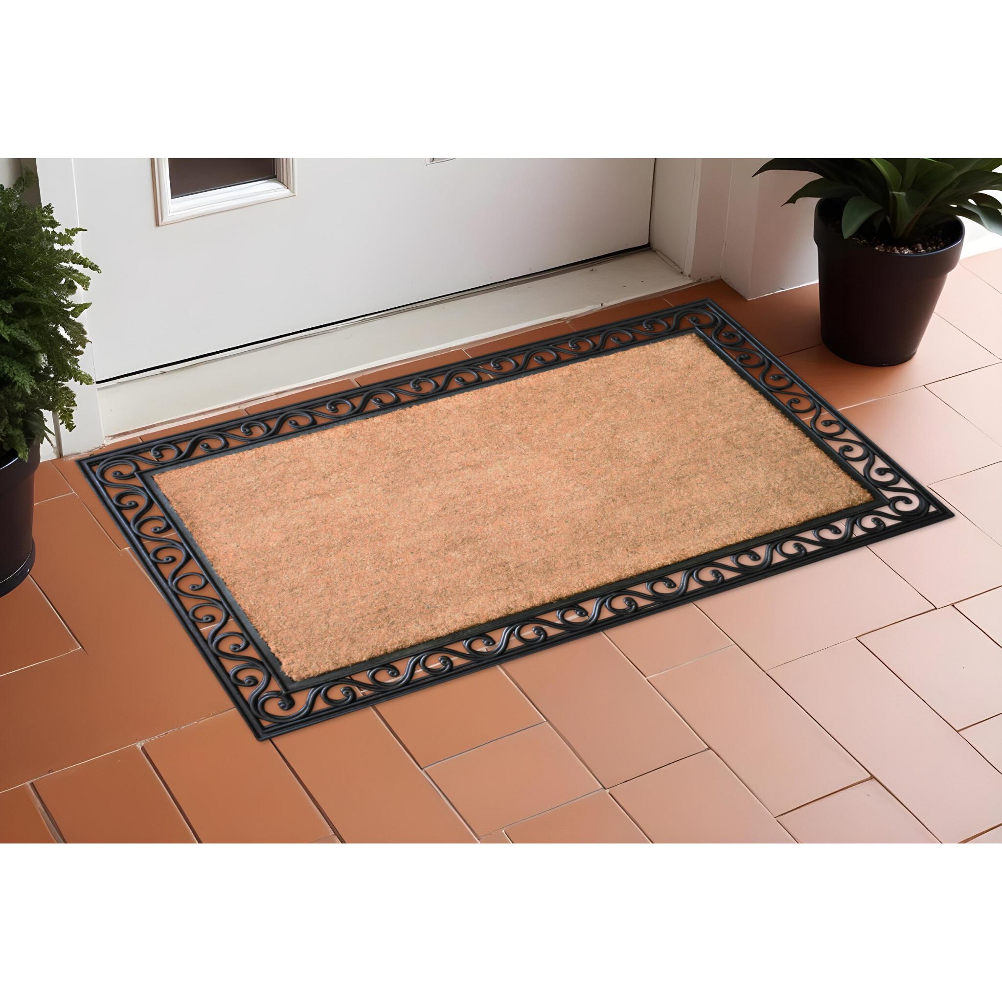 22" X 36" Natural and Black Coir Scrollwork Outdoor Door Mat