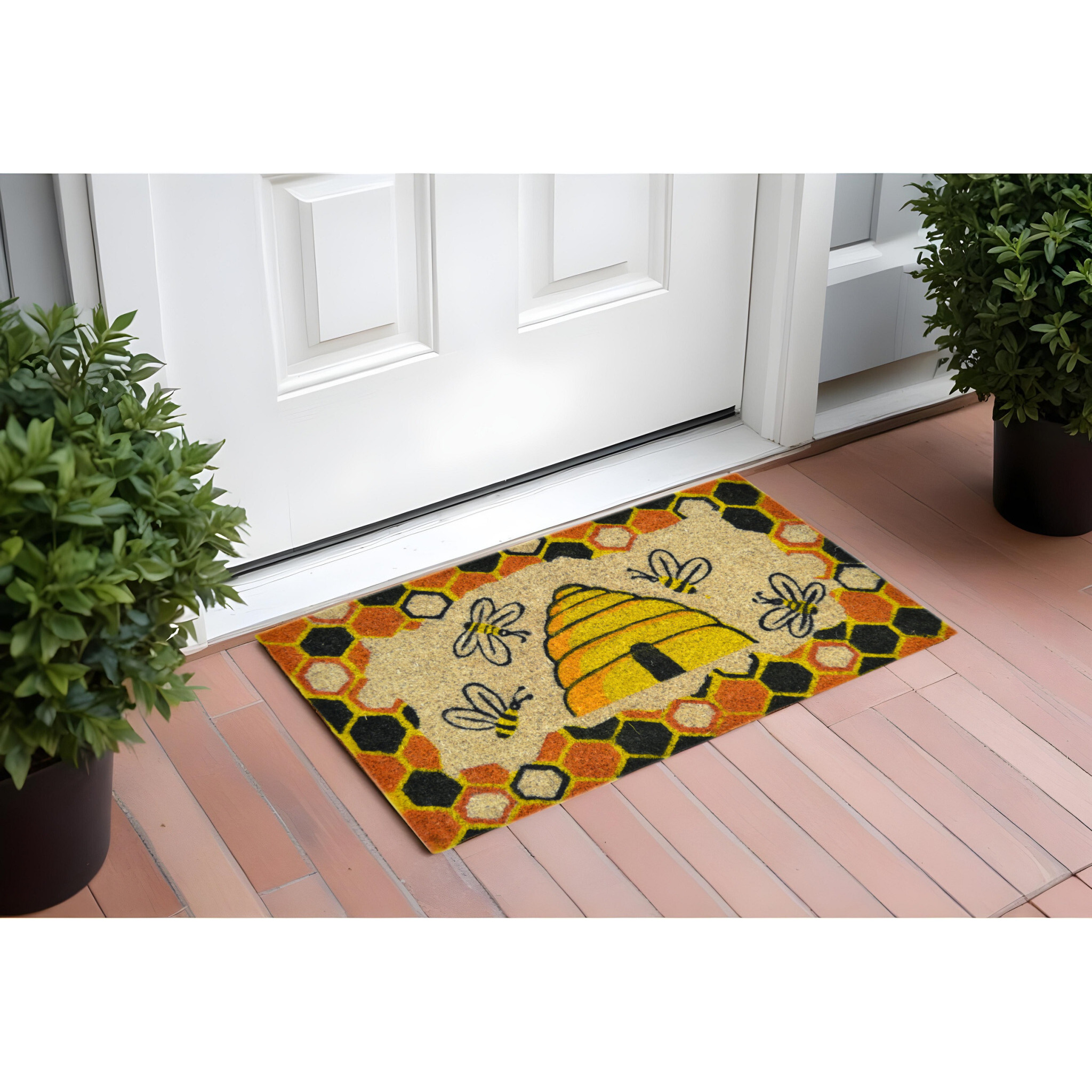 18" X 30" Beige and Orange Coir Bees Outdoor Spring Door Mat
