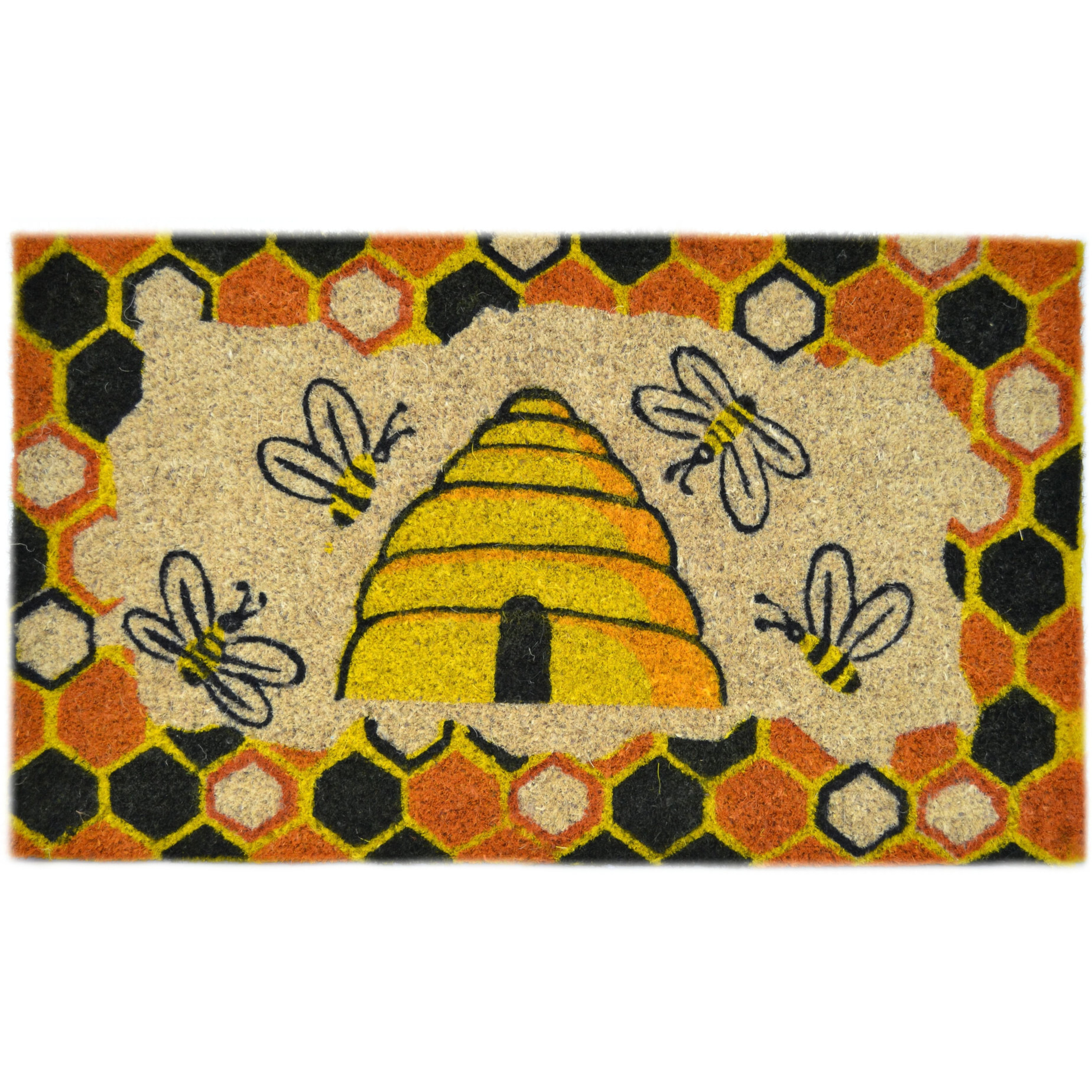 18" X 30" Beige and Orange Coir Bees Outdoor Spring Door Mat