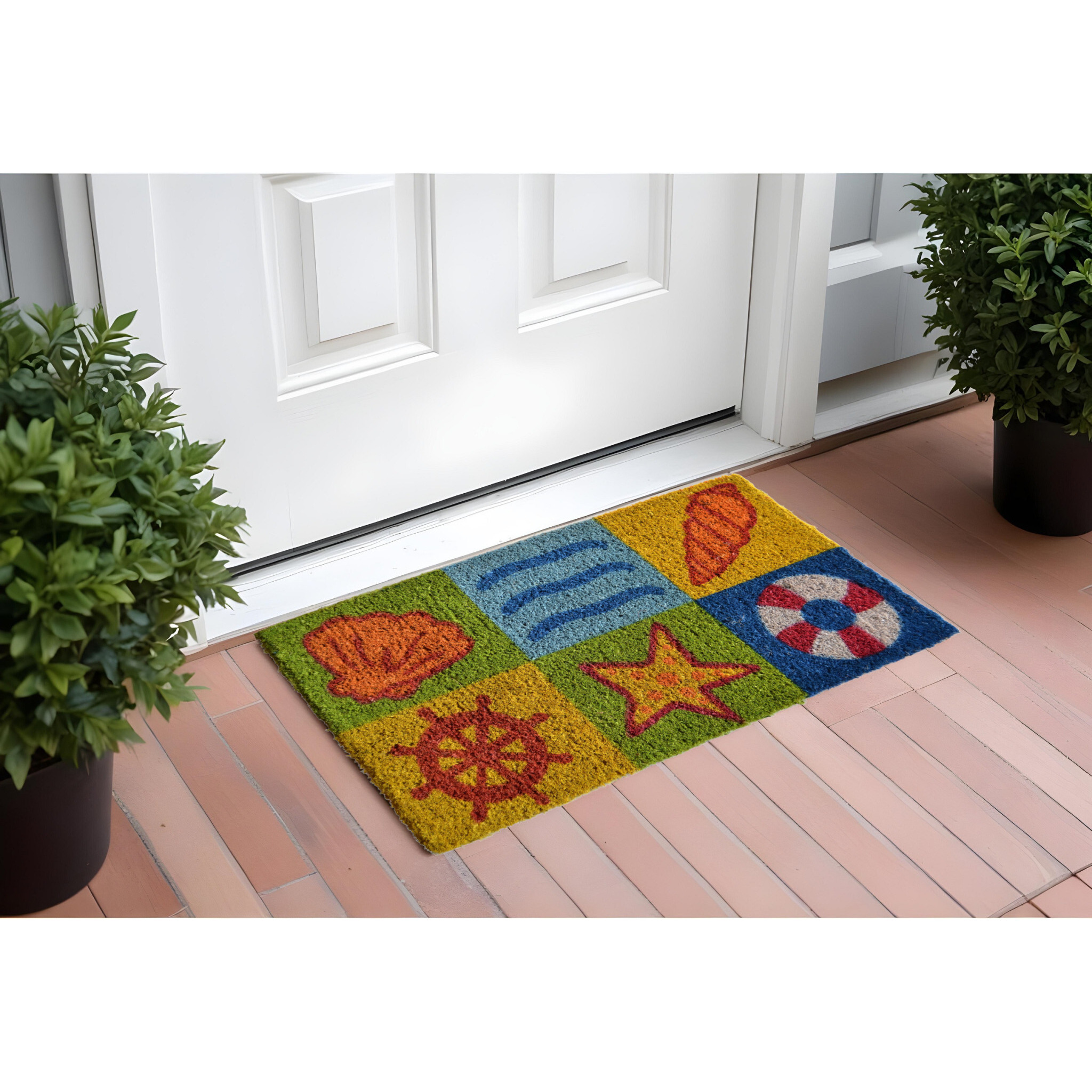 18" X 30" Orange Yellow Coir Seashells Outdoor Summer Door Mat
