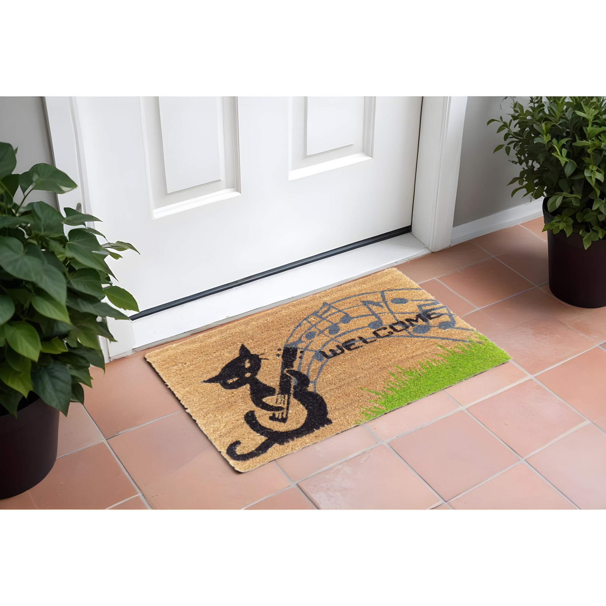 18" X 30" Brown and Black Coir Cat Welcome Outdoor Door Mat