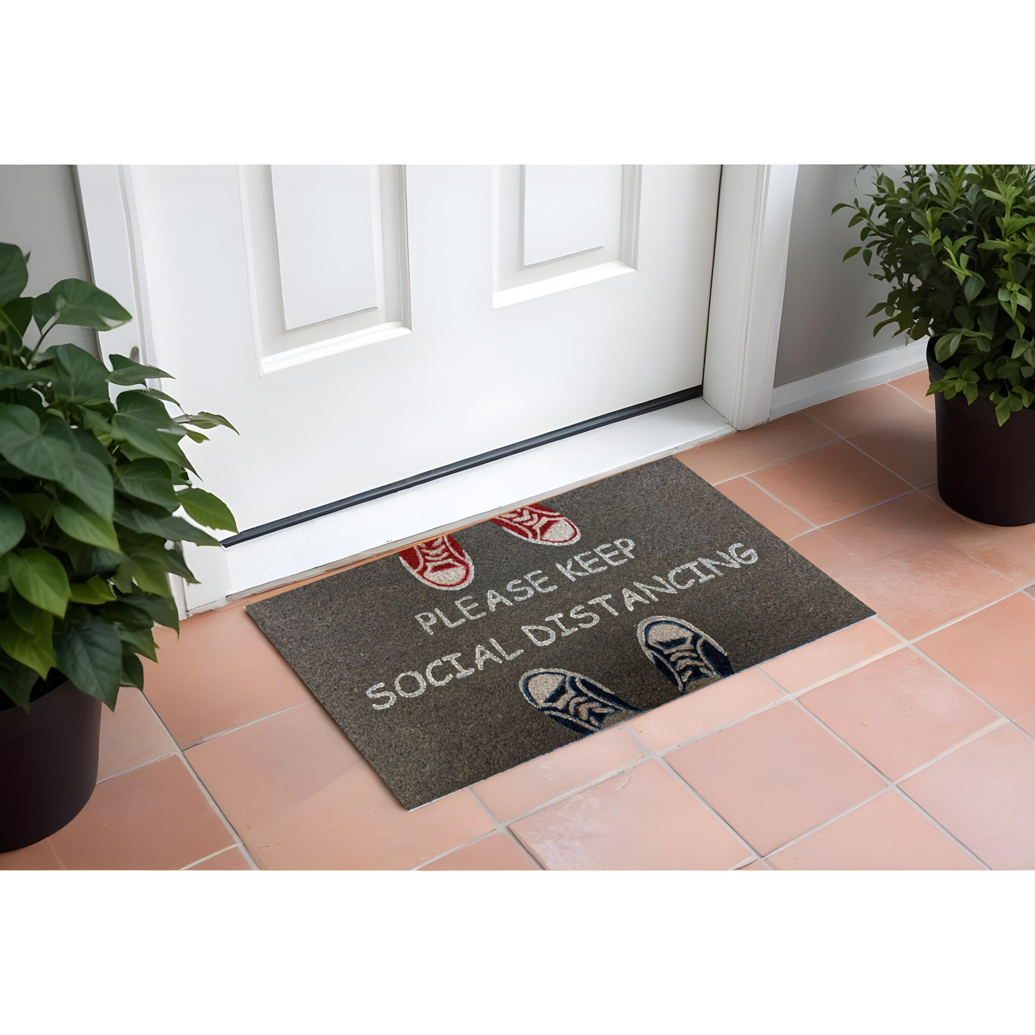 18" X 30" Gray Coir Please Keep Social Distancing Outdoor Door Mat