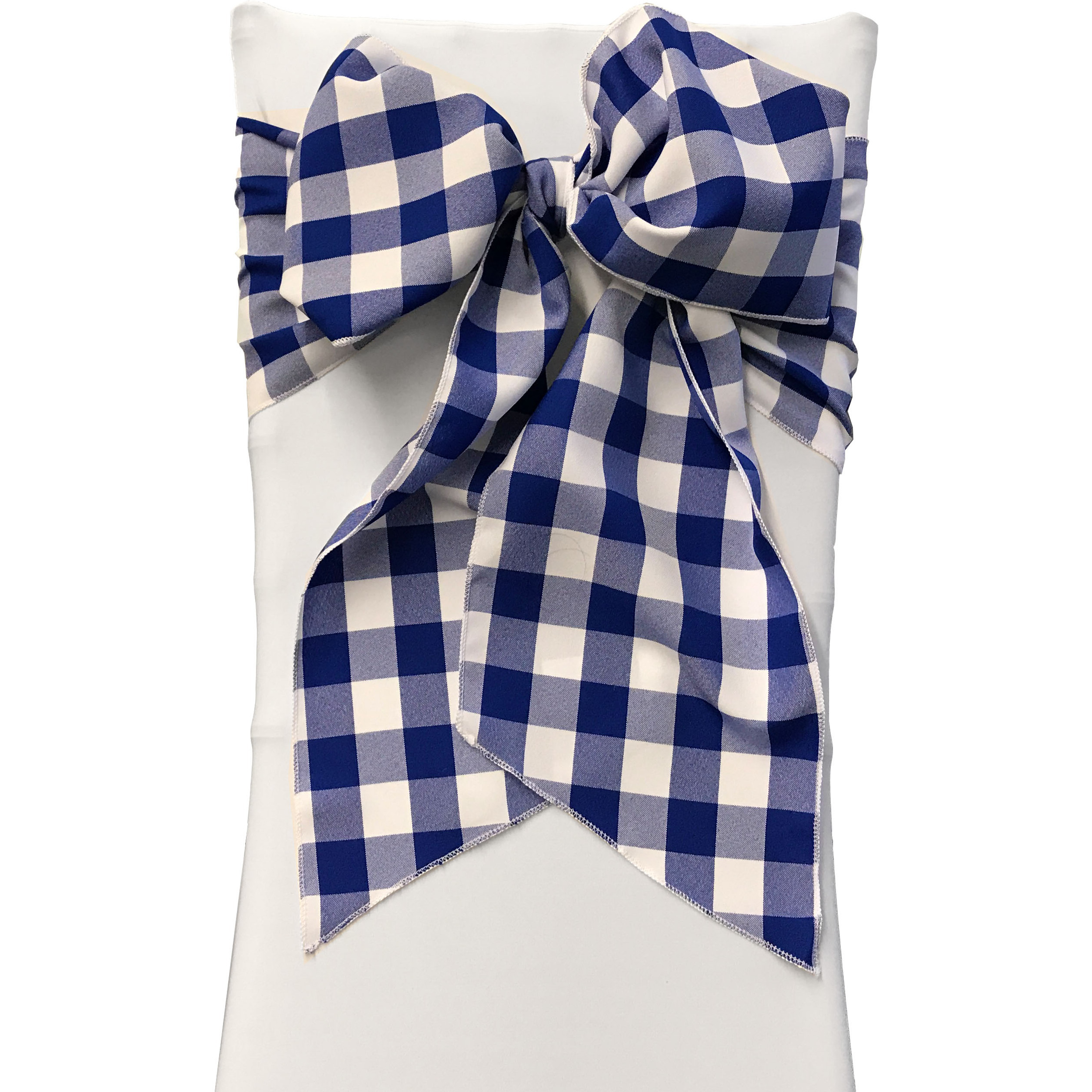 LA Linen Pack of 10 Gingham Checkered Chair Bows 8 by 108-Inch, White and Royal Blue