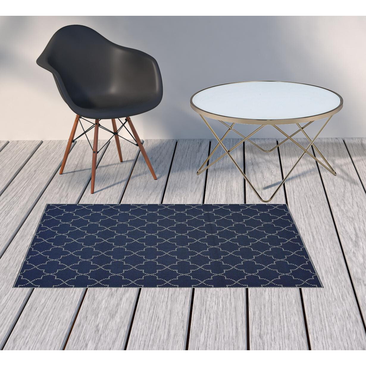 2 X 4 Blue and Ivory geometric Stain Resistant Indoor Outdoor Area Rug