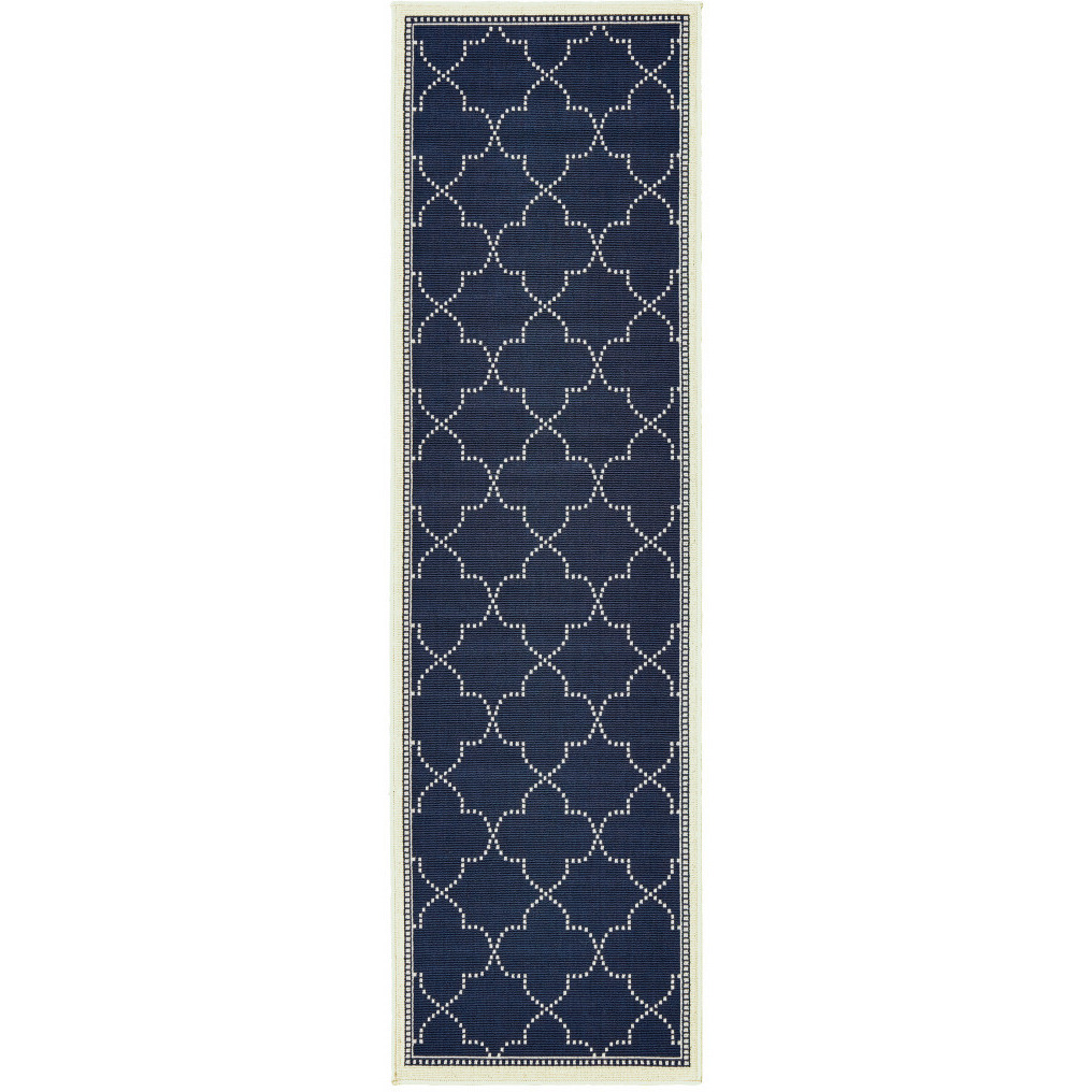 2 X 8 Blue and Ivory geometric Stain Resistant Indoor Outdoor Area Rug