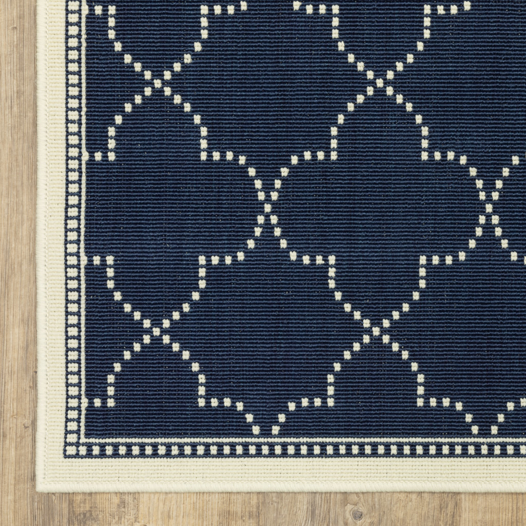 2 X 8 Blue and Ivory geometric Stain Resistant Indoor Outdoor Area Rug