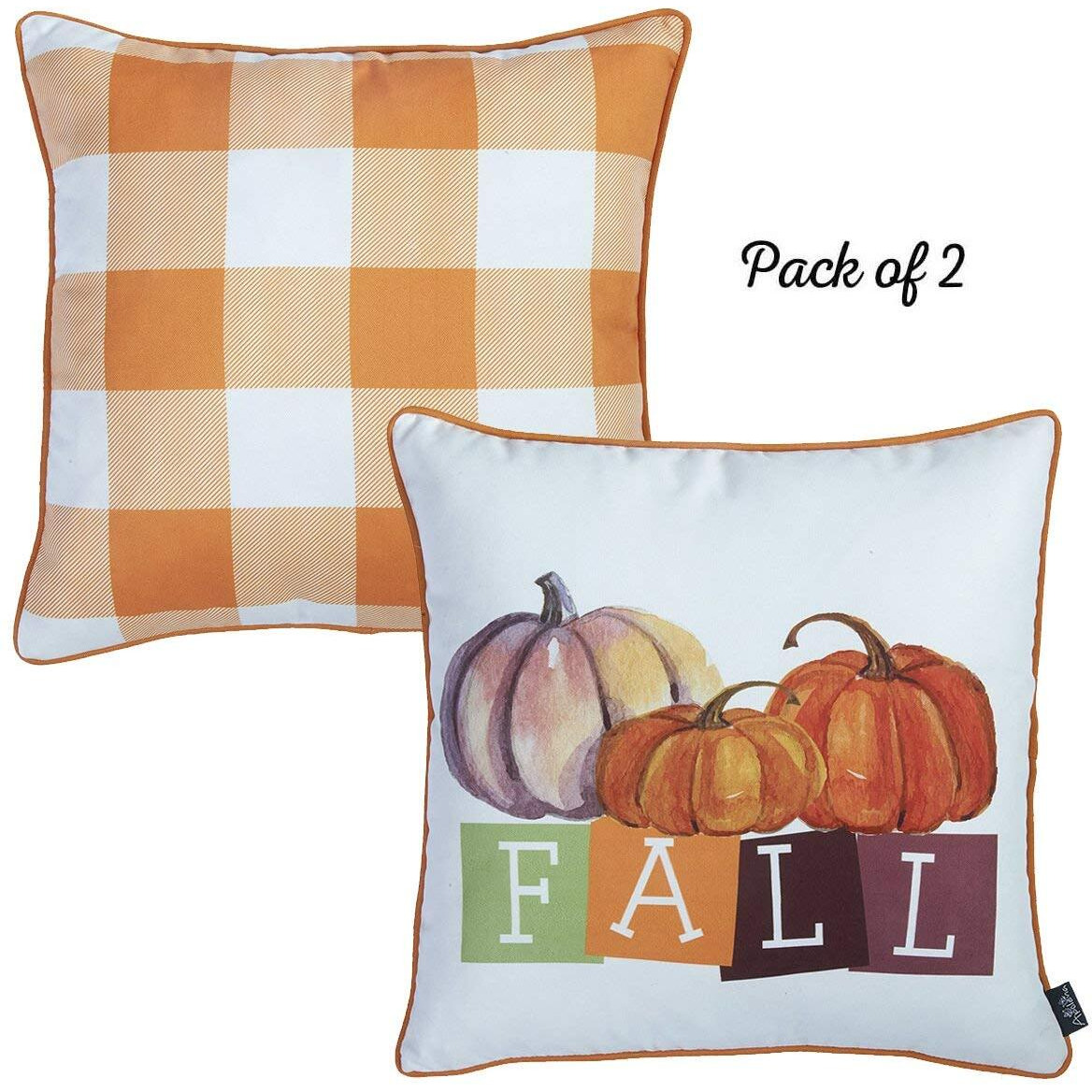 Set Of Four 18" Orange Plaid And Pumpkin Throw Pillow Covers