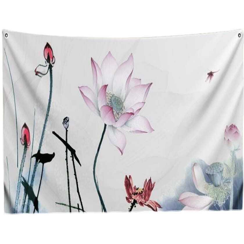 Chinese Painting Lotus Bedroom Tapestry TV Backdrop Tapestry Living Room Tapestry Decoration, 39x51 inch