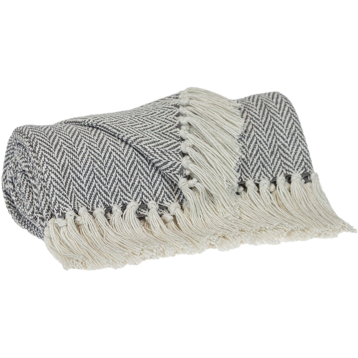 Handloomed Light Gray Cotton Throw Blanket with Tassels