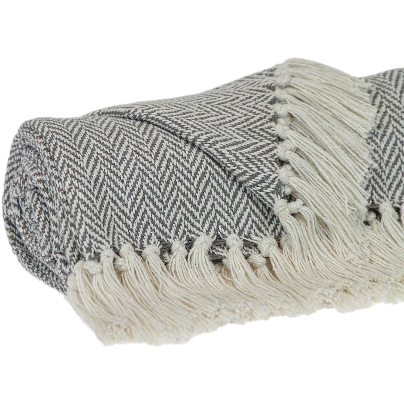Handloomed Light Gray Cotton Throw Blanket with Tassels