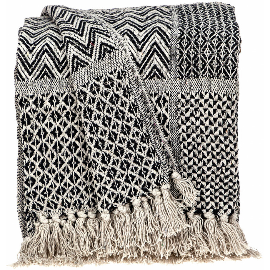 Beige and Black Multi Pattern Woven Handloom Throw Blanket