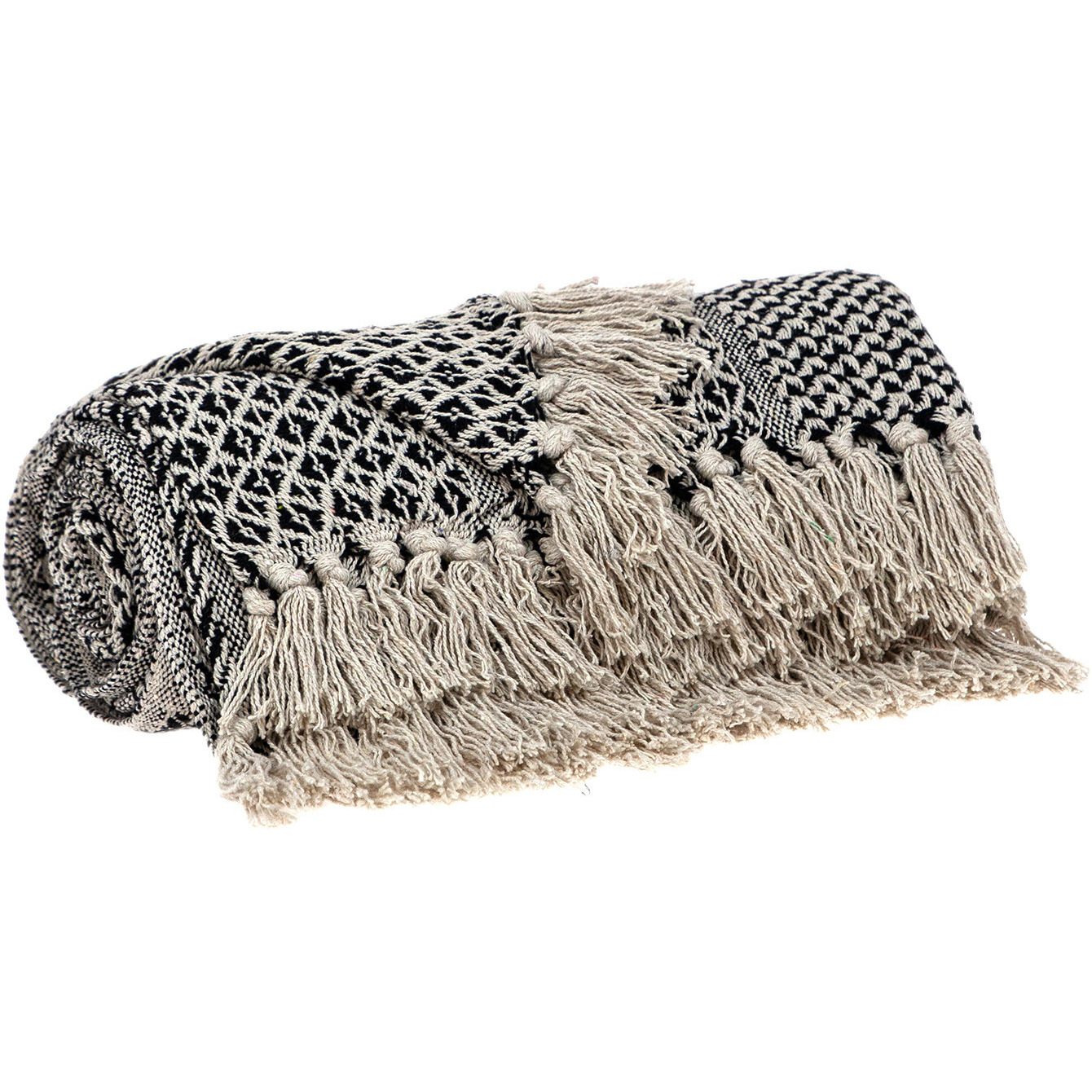 Beige and Black Multi Pattern Woven Handloom Throw Blanket