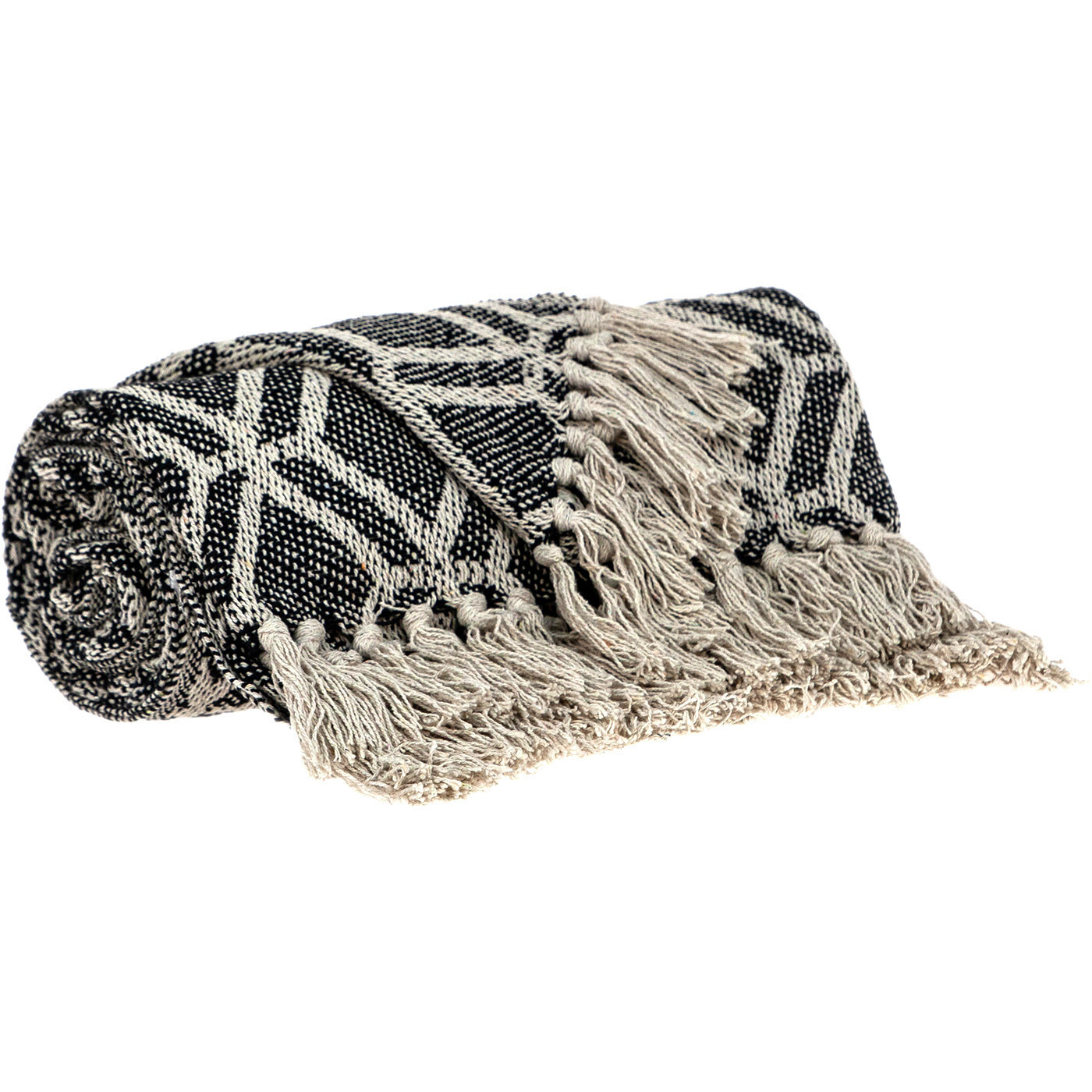 Grey and Beige Handloom Geometric Woven Throw Blanket